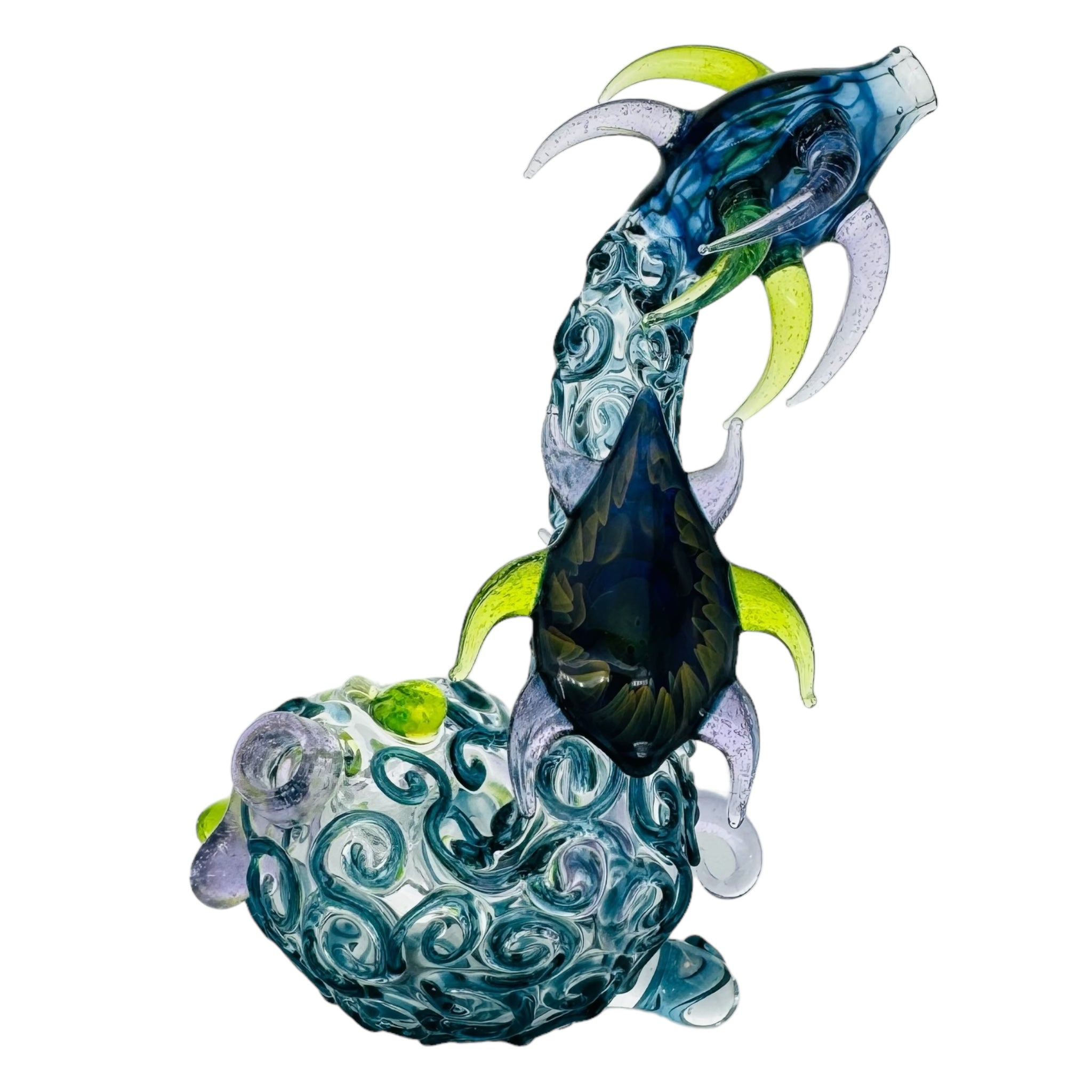 Heady Glass Sherlock for cannabis With Blue And Green Horns And Linework for sale