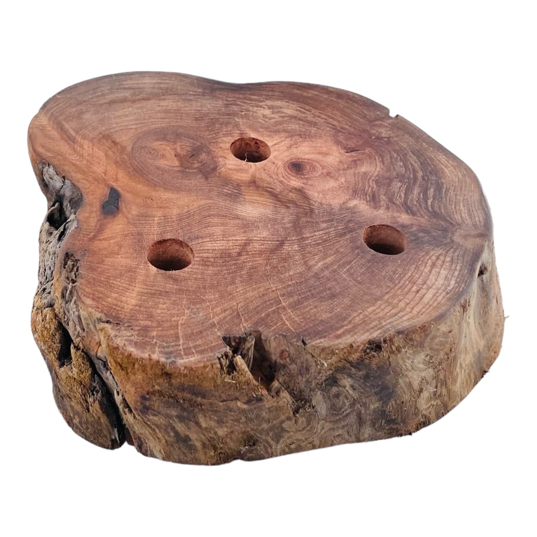 3 Hole Wood Display Stand Holder For 10mm Bong Bowl Pieces Or Quartz Bangers - Red Wood Burl With Live Edge
