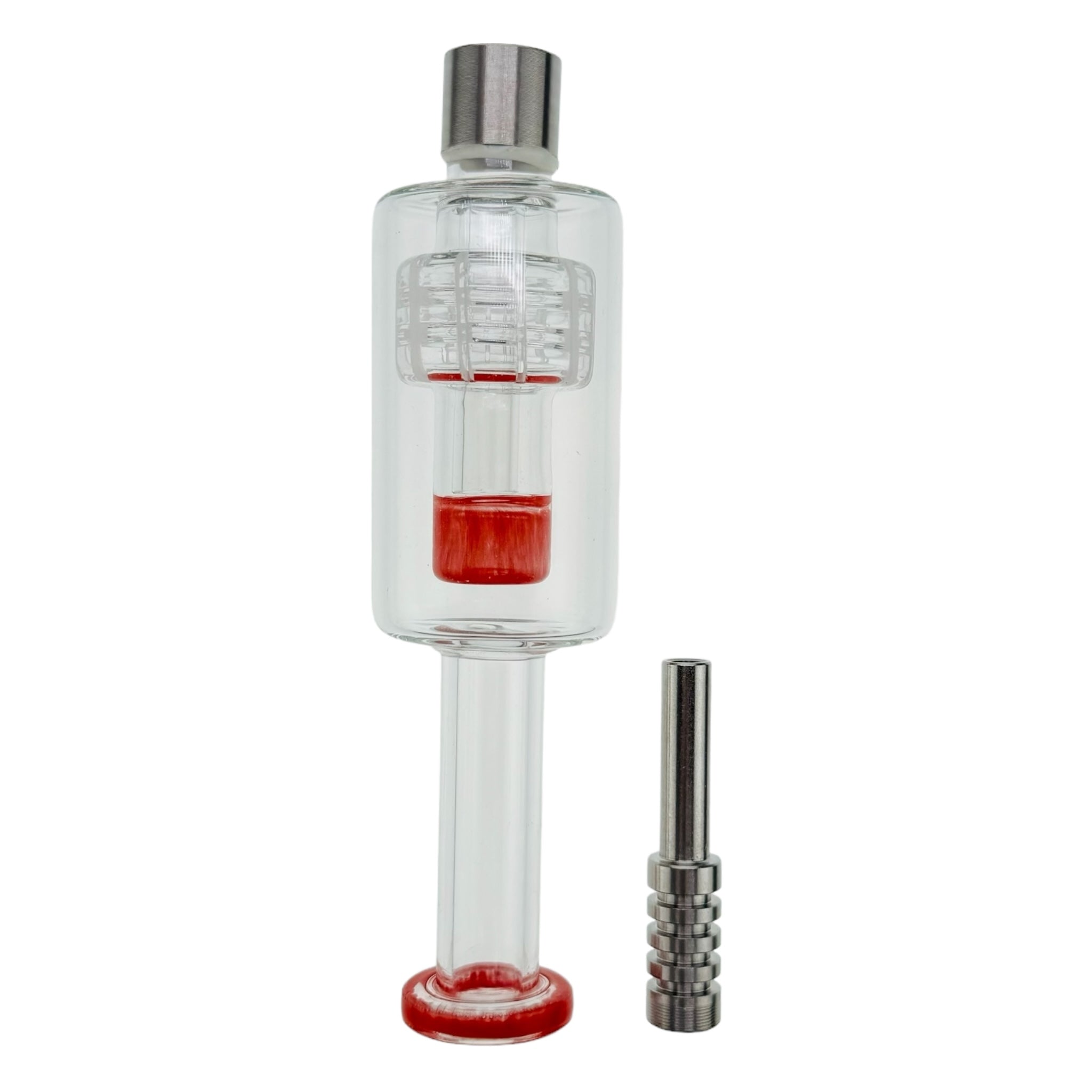 Red Nectar Collector With Slit Disc Perc And Threaded Metal Tip