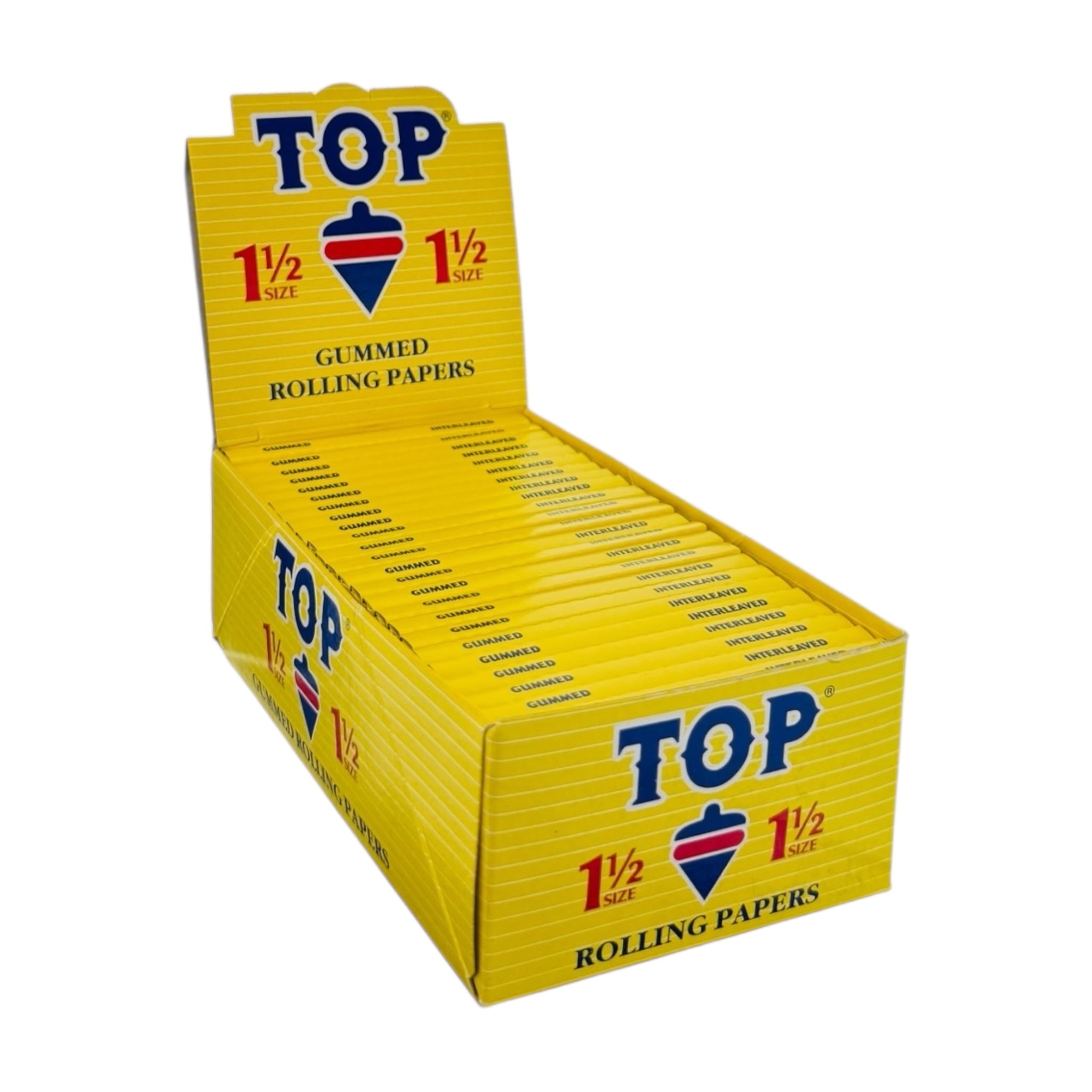 Box of TOP Rolling Papers with yellow packaging on a white background