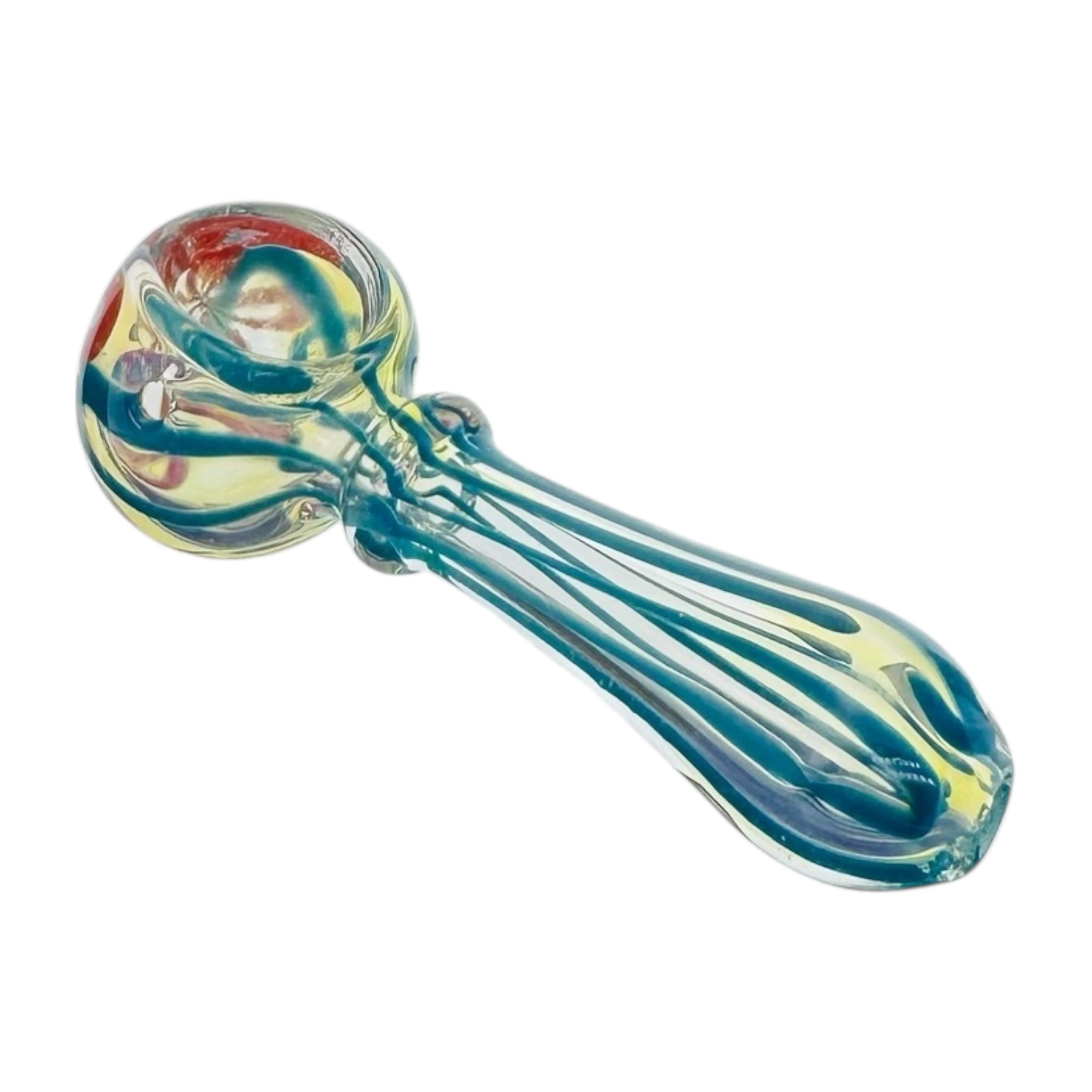 Glass smoking pipe with colorful swirl design on a white background