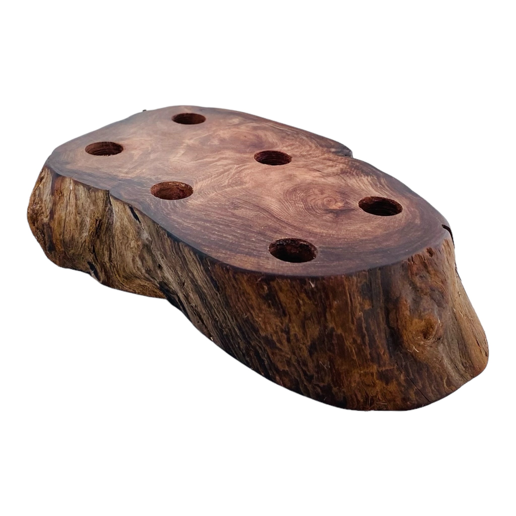 6 Hole Wood Display Stand Holder For 14mm Bong Bowl Pieces Or Quartz Bangers - Red Wood Burl With Live Edge