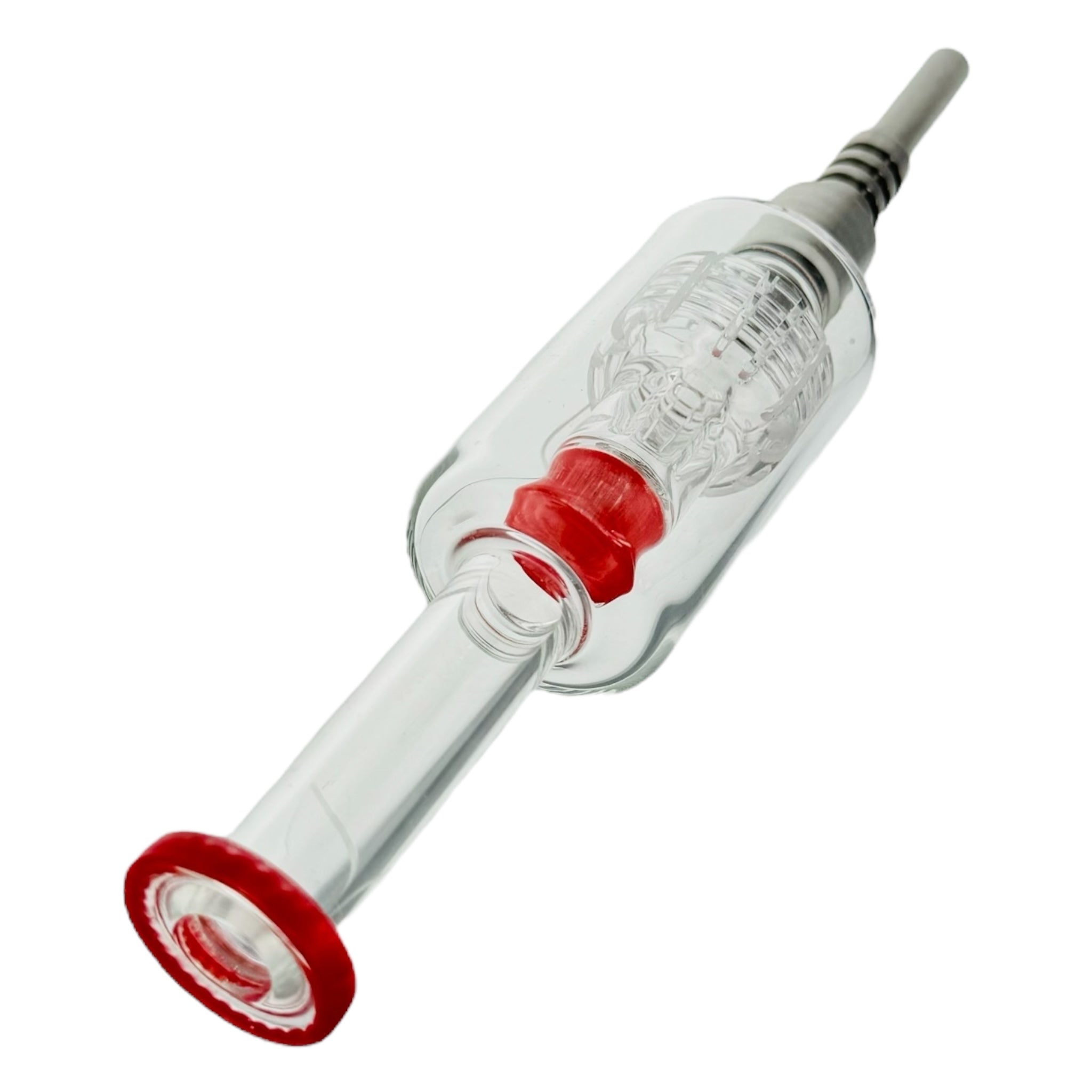 Red Nectar Collector With Slit Disc Perc And Threaded Metal Tip