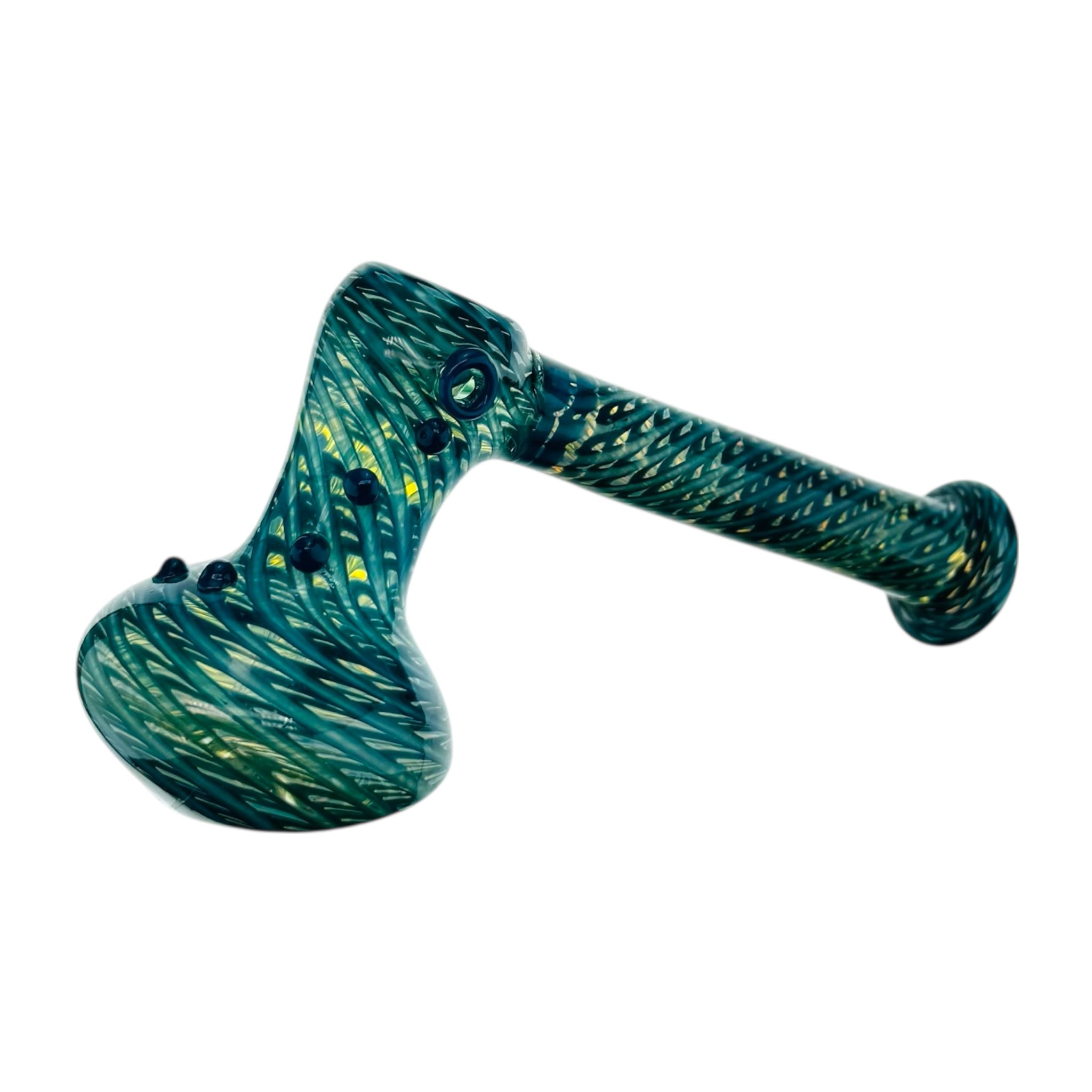 Green glass pipe with swirl pattern on a white background