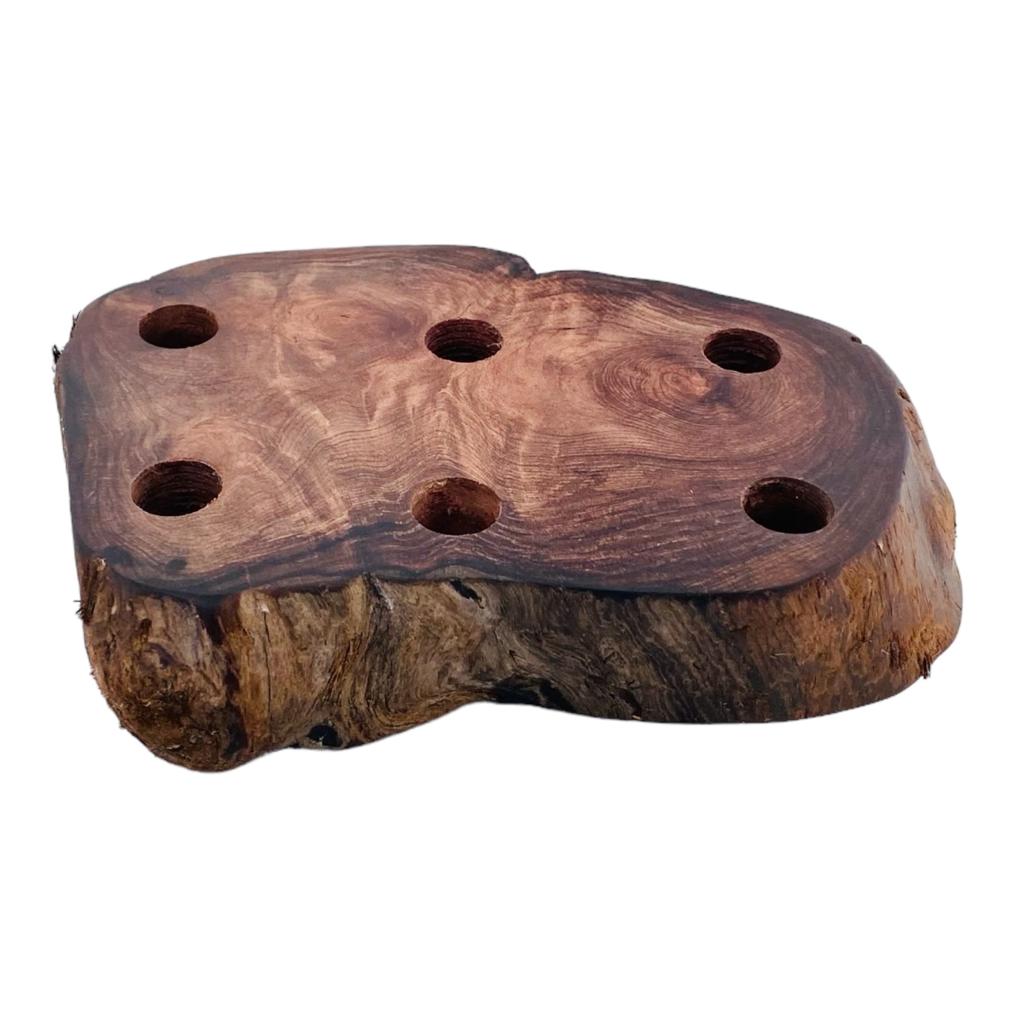 6 Hole Wood Display Stand Holder For 14mm Bong Bowl Pieces Or Quartz Bangers - Red Wood Burl With Live Edge