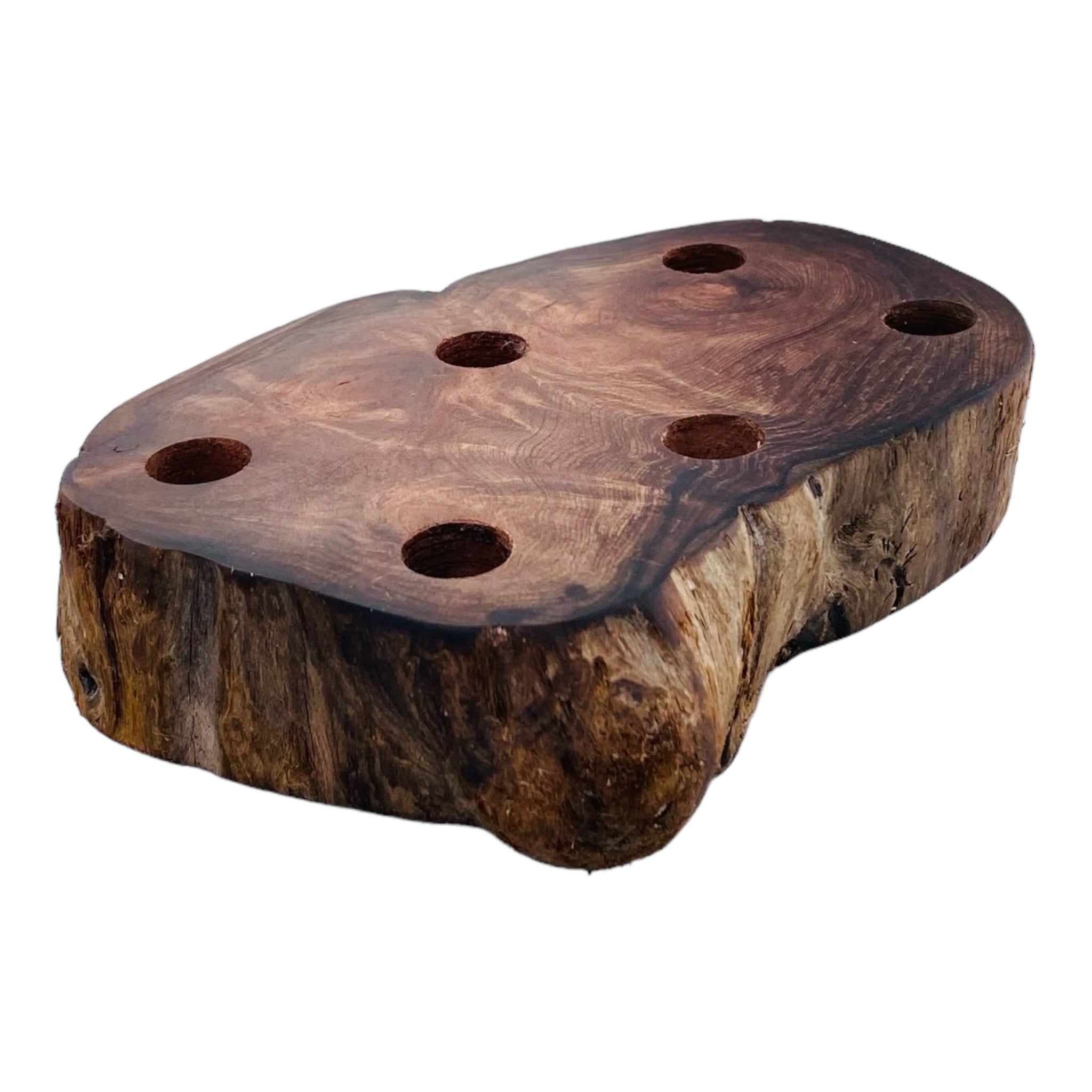 6 Hole Wood Display Stand Holder For 14mm Bong Bowl Pieces Or Quartz Bangers - Red Wood Burl With Live Edge