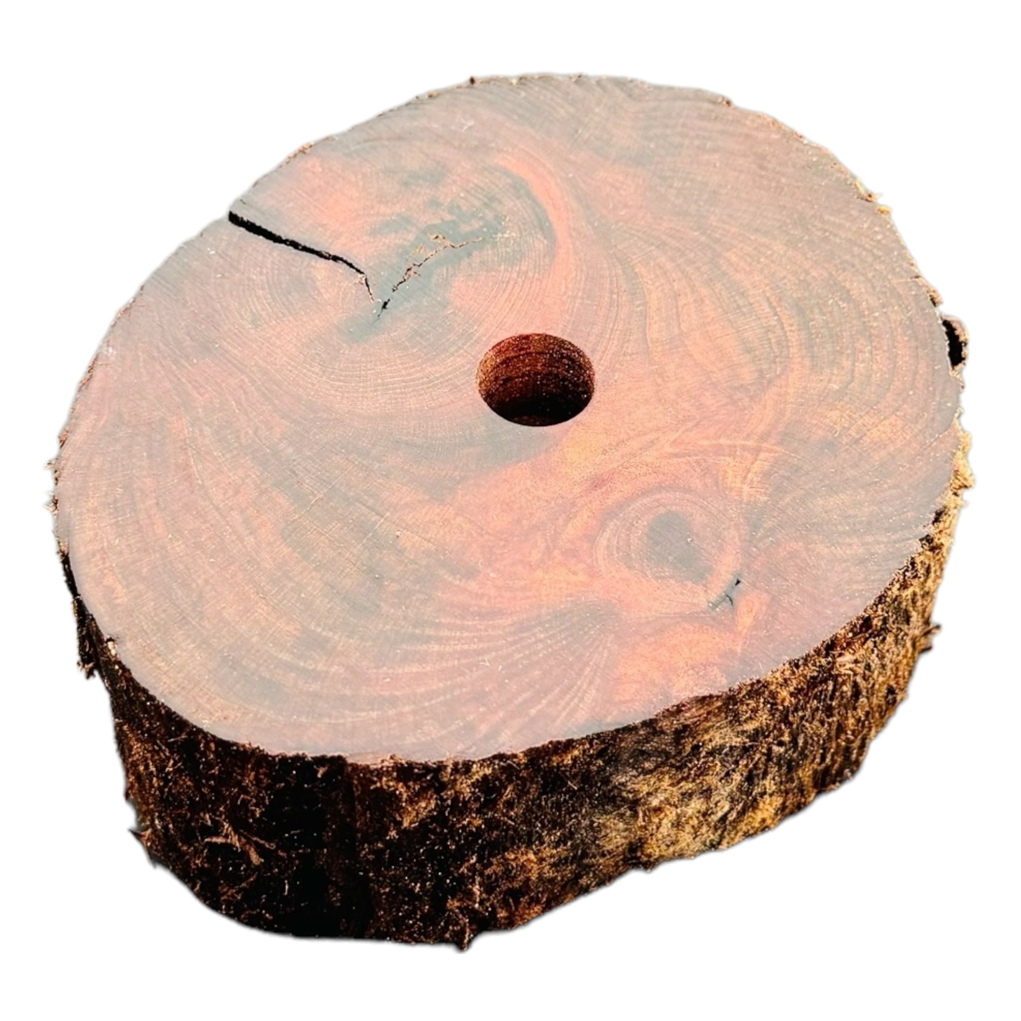 Single Hole Wood Display Stand Holder For 14mm Bong Bowl Pieces Or Quartz Bangers - Redwood Live Edge Round