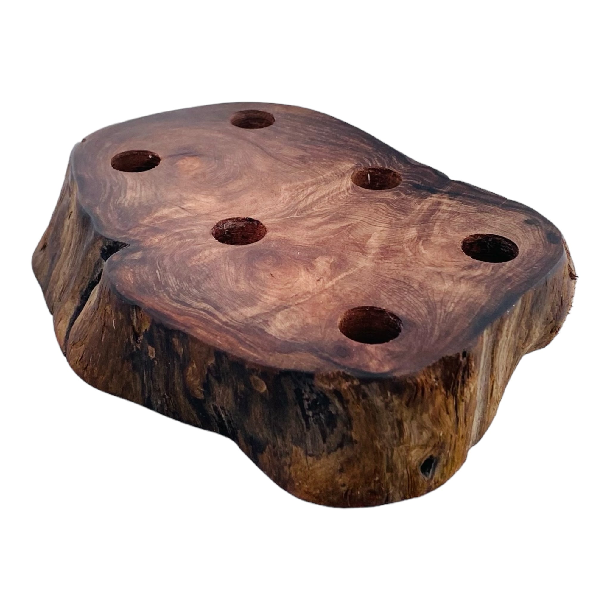 6 Hole Wood Display Stand Holder For 14mm Bong Bowl Pieces Or Quartz Bangers - Red Wood Burl With Live Edge