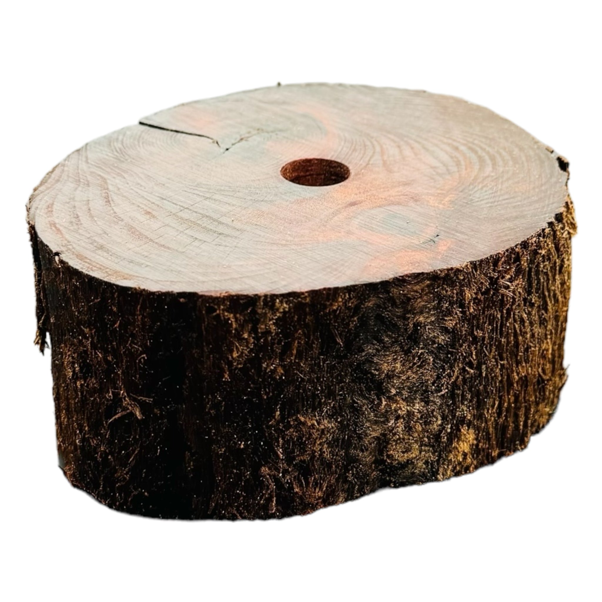 Single Hole Wood Display Stand Holder For 14mm Bong Bowl Pieces Or Quartz Bangers - Redwood Live Edge Round
