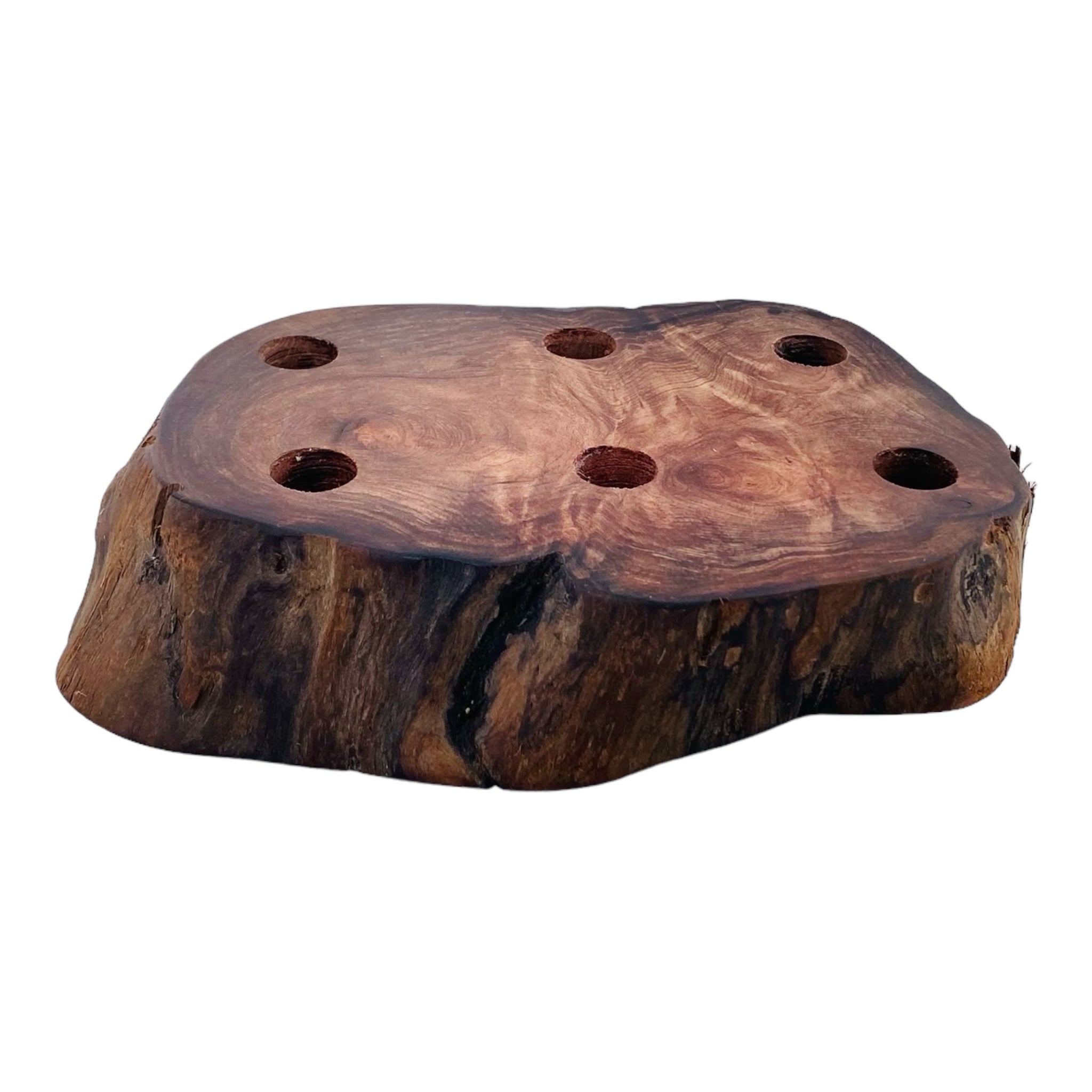 6 Hole Wood Display Stand Holder For 14mm Bong Bowl Pieces Or Quartz Bangers - Red Wood Burl With Live Edge