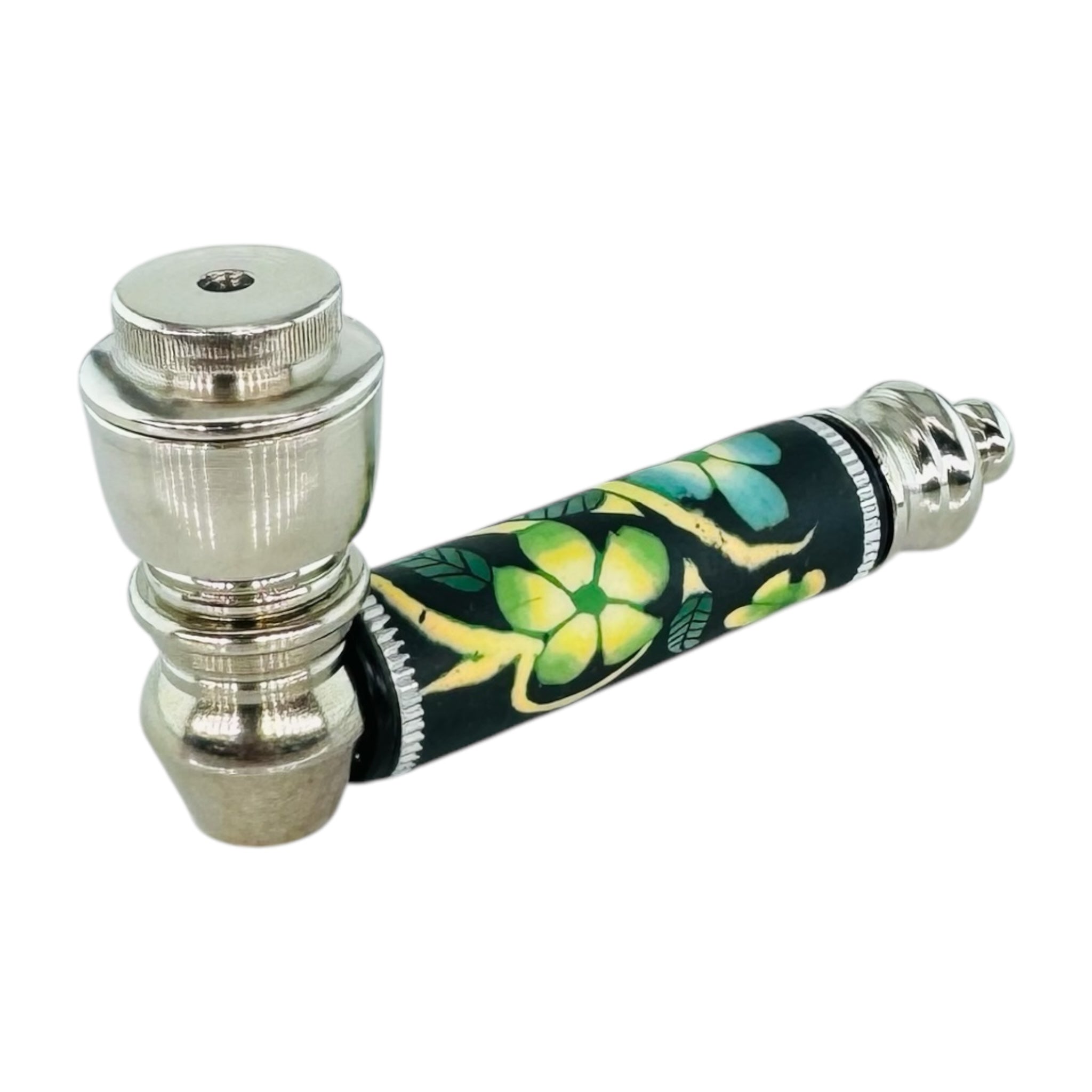 cute Metal Hand Pipes - Silver Chrome Hand Pipe With Black & Green Cherry Blossoms