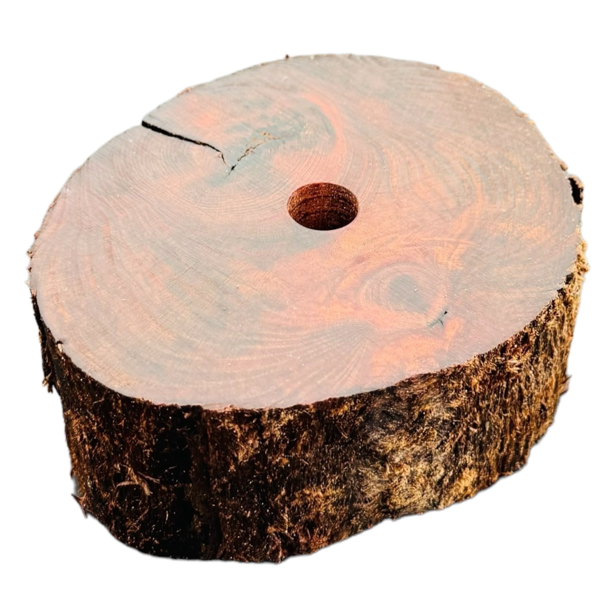 Single Hole Wood Display Stand Holder For 14mm Bong Bowl Pieces Or Quartz Bangers - Redwood Live Edge Round