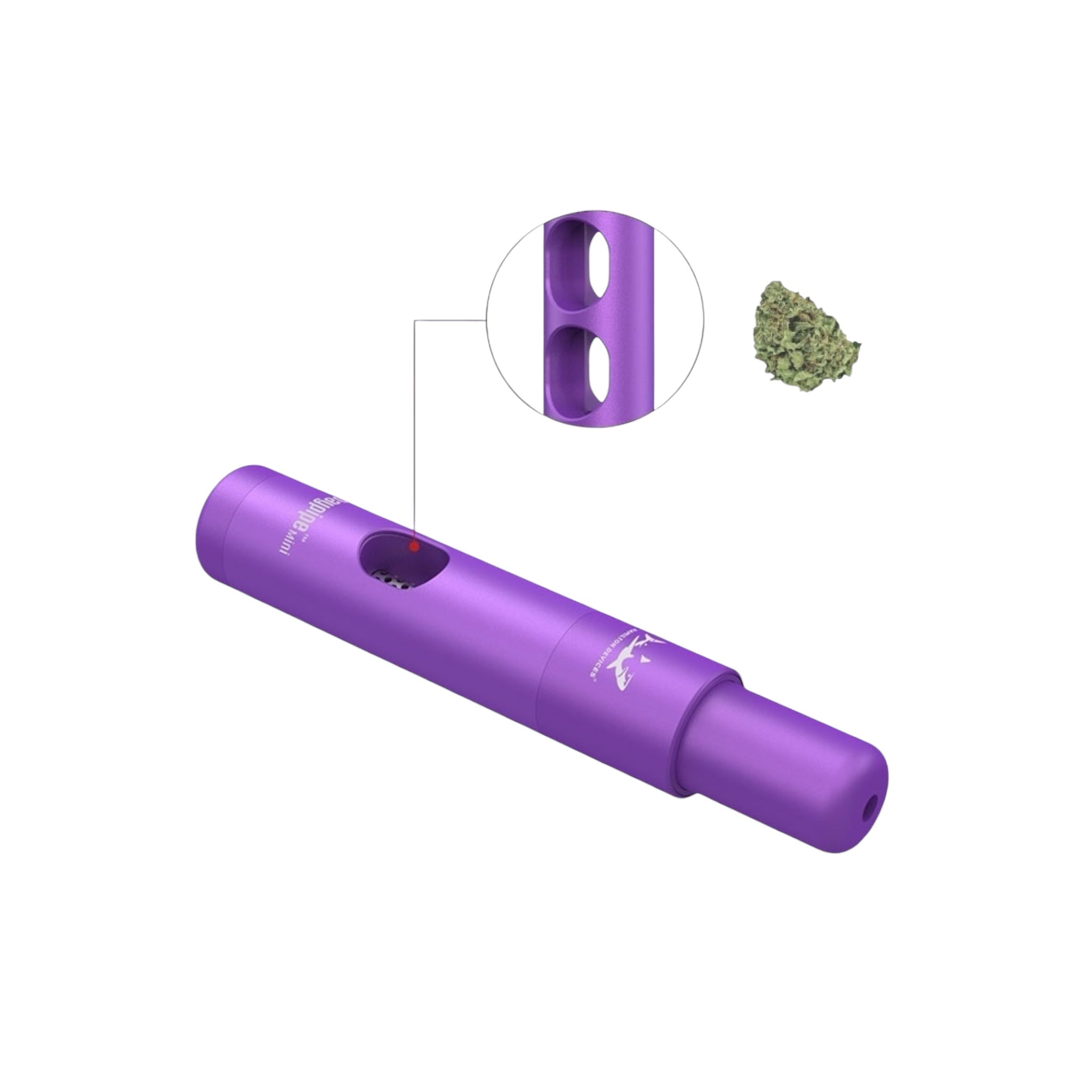 Purple smoking device with a close-up of its chamber and green cannabis bud on a white background