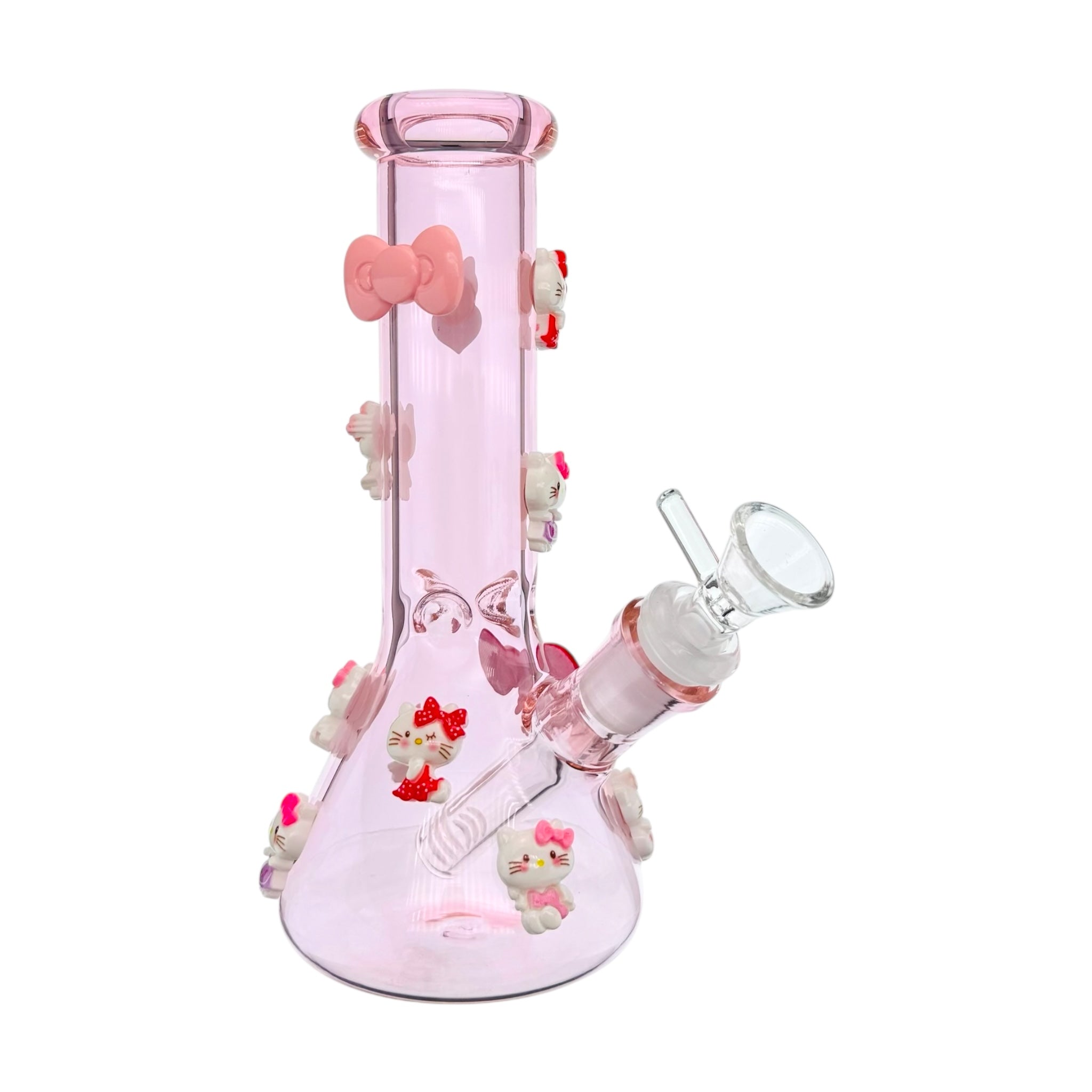 Pink glass water pipe with cartoon character decorations on a white background
