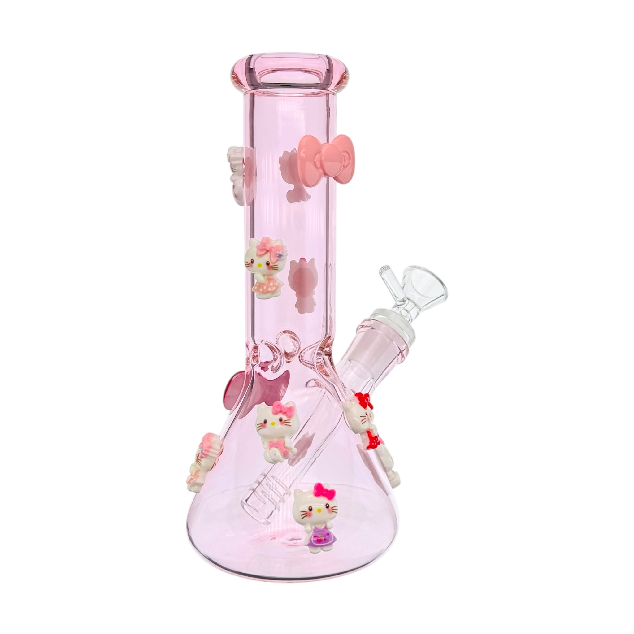 Pink glass water pipe with cartoon character decorations on a white background