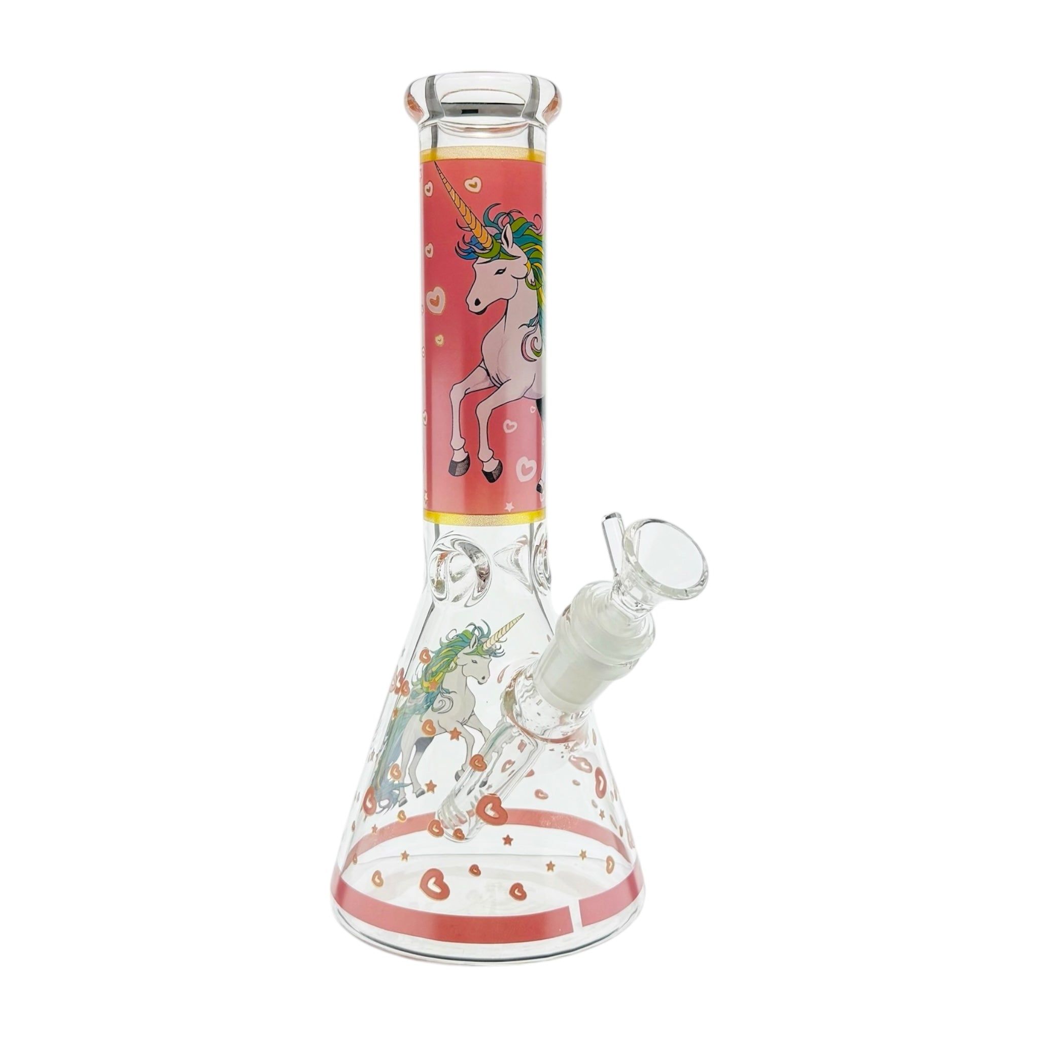 Glass smoking device with unicorn design on a white background