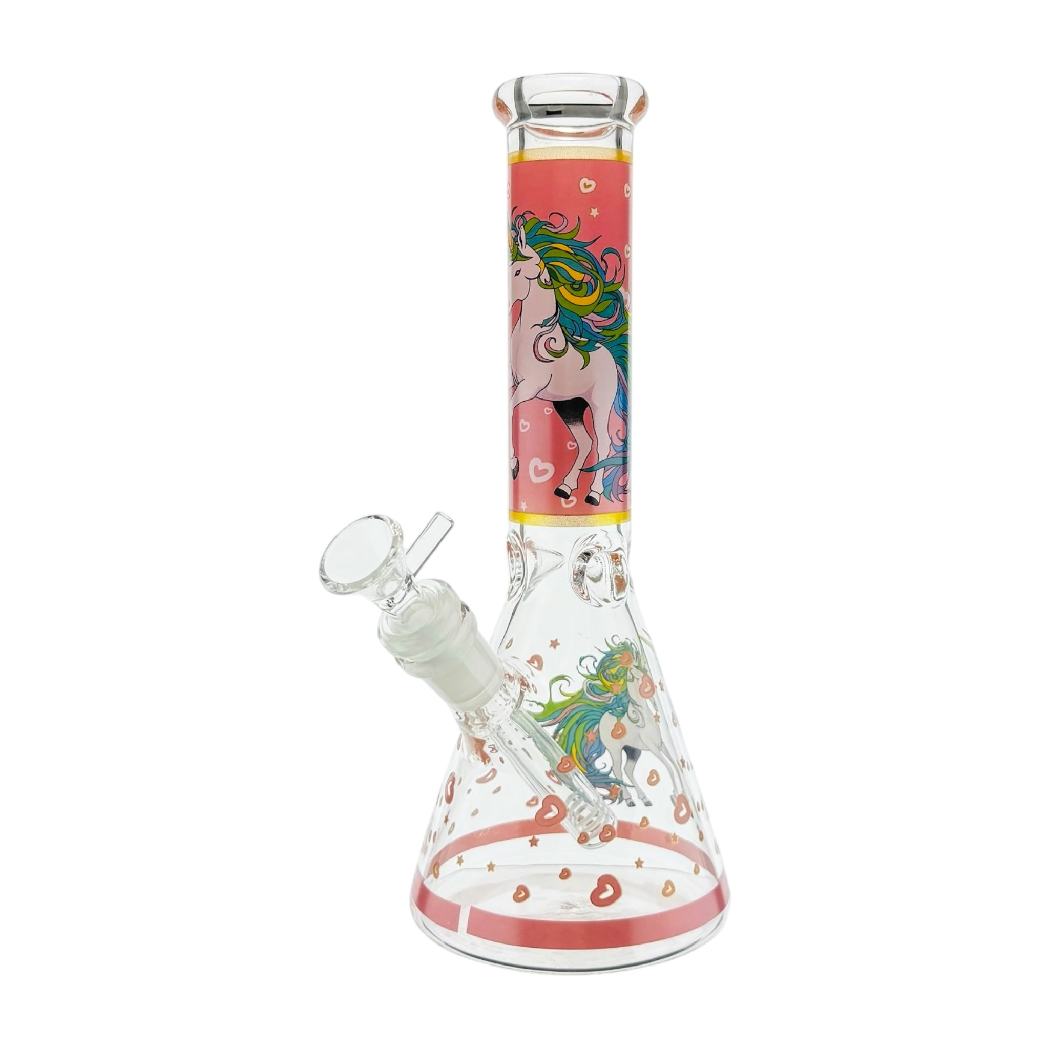 Glass smoking device with colorful designs on a white background