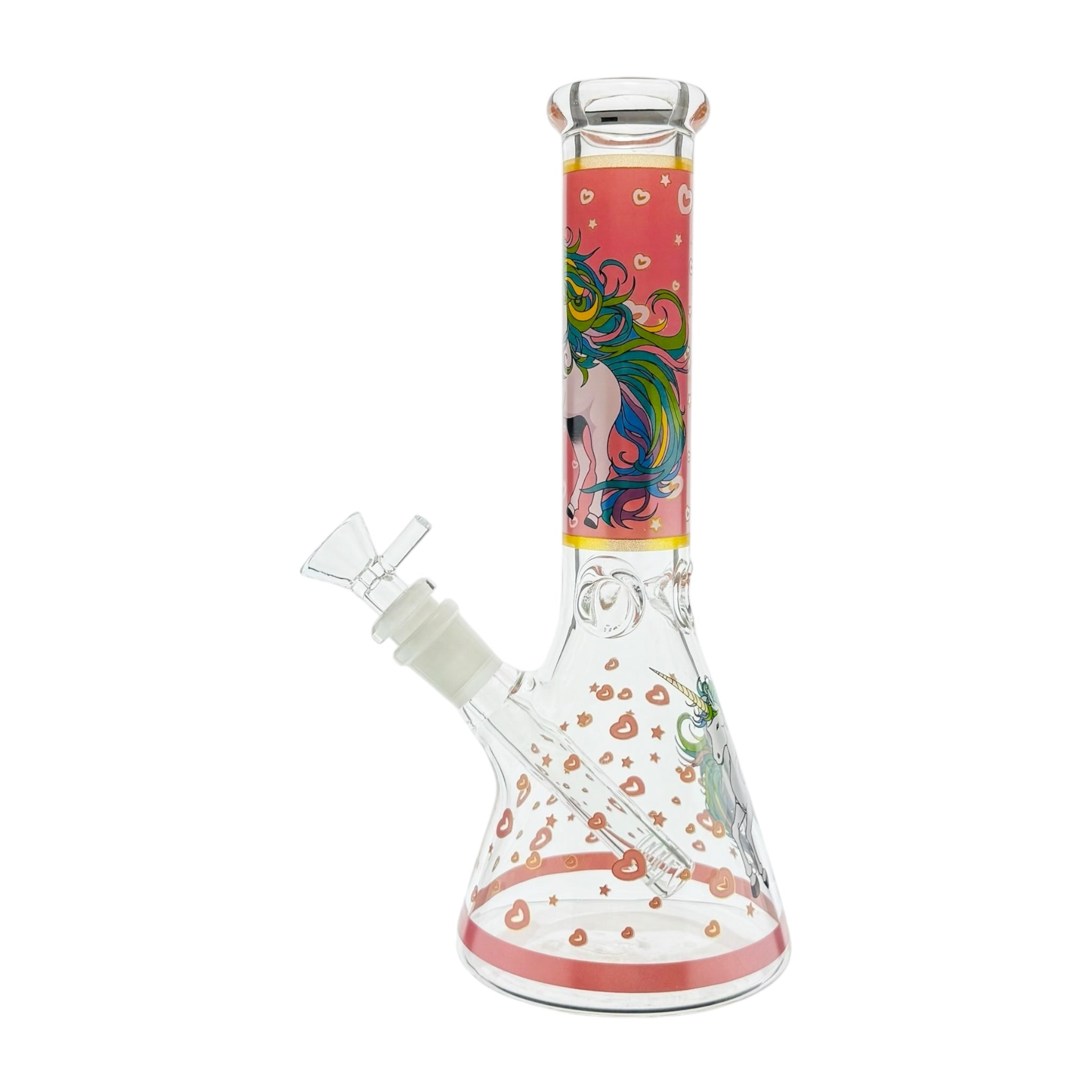 Glass water pipe with colorful unicorn design on a white background