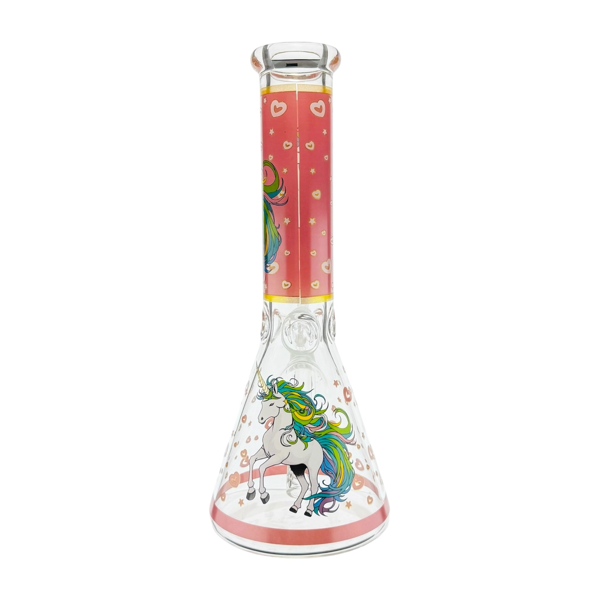 cute Glass smoking device with unicorn and heart designs on a white background