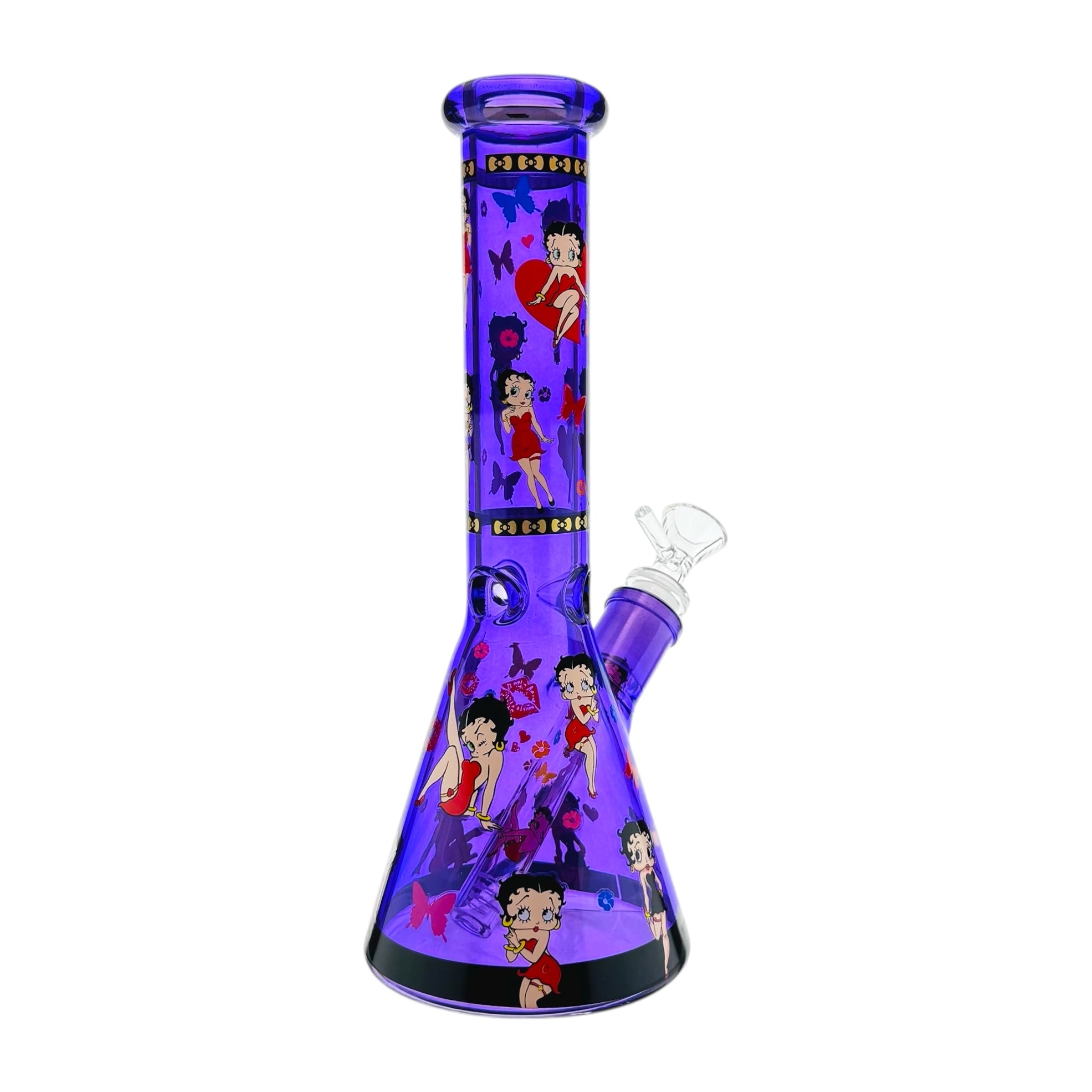 Glass water pipe with cartoon character design on a white background