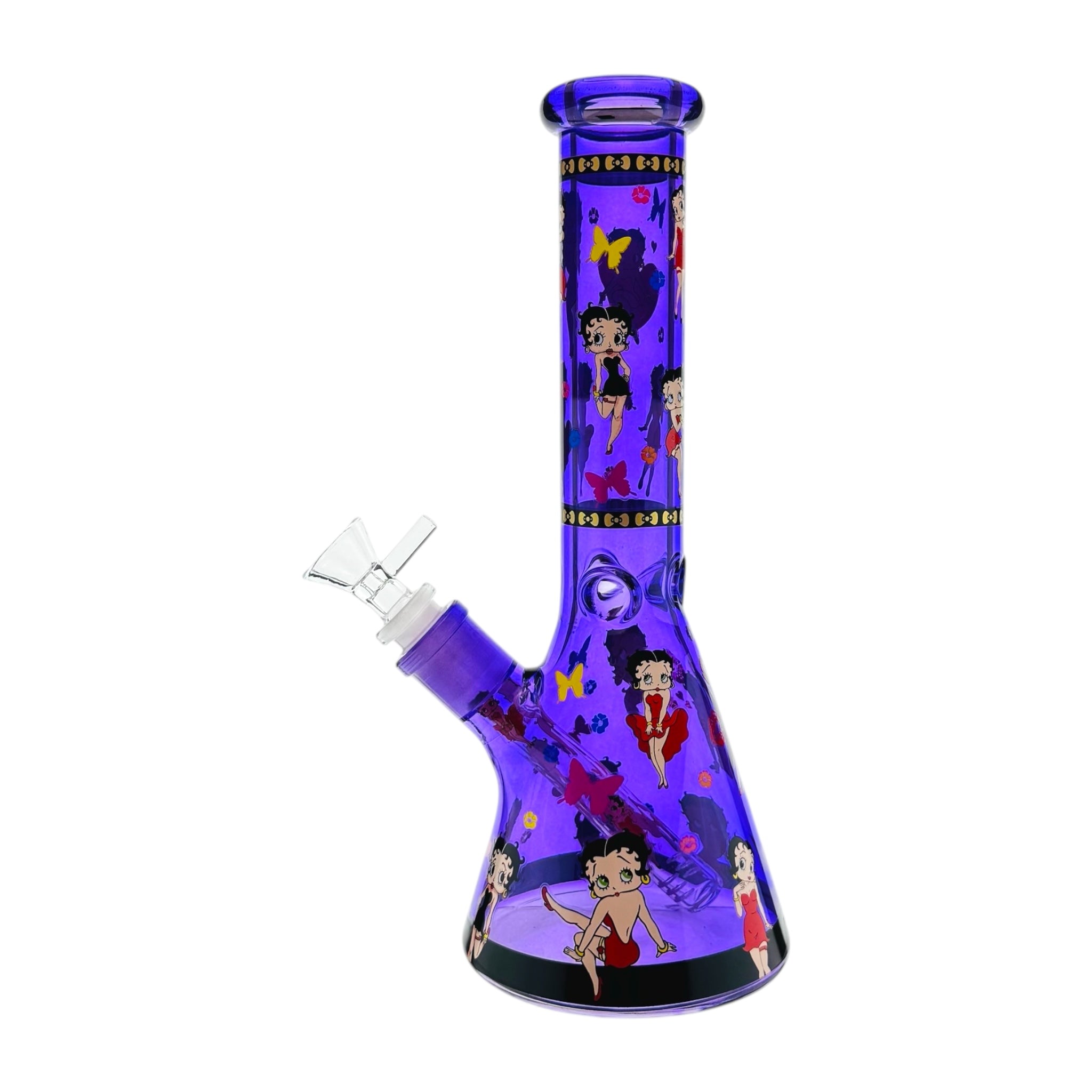 Purple glass water pipe with cartoon character betty boop design on a white background