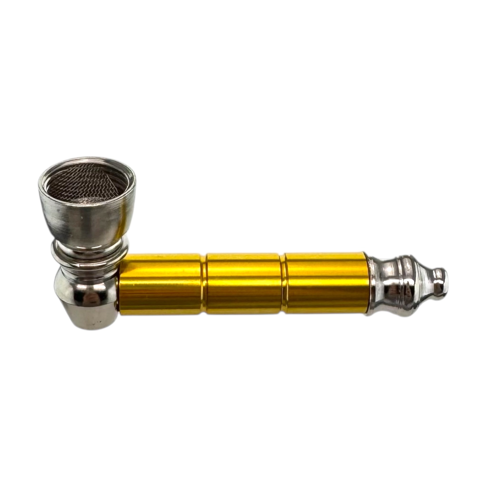 Metallic smoking pipe with gold and silver design on a white background