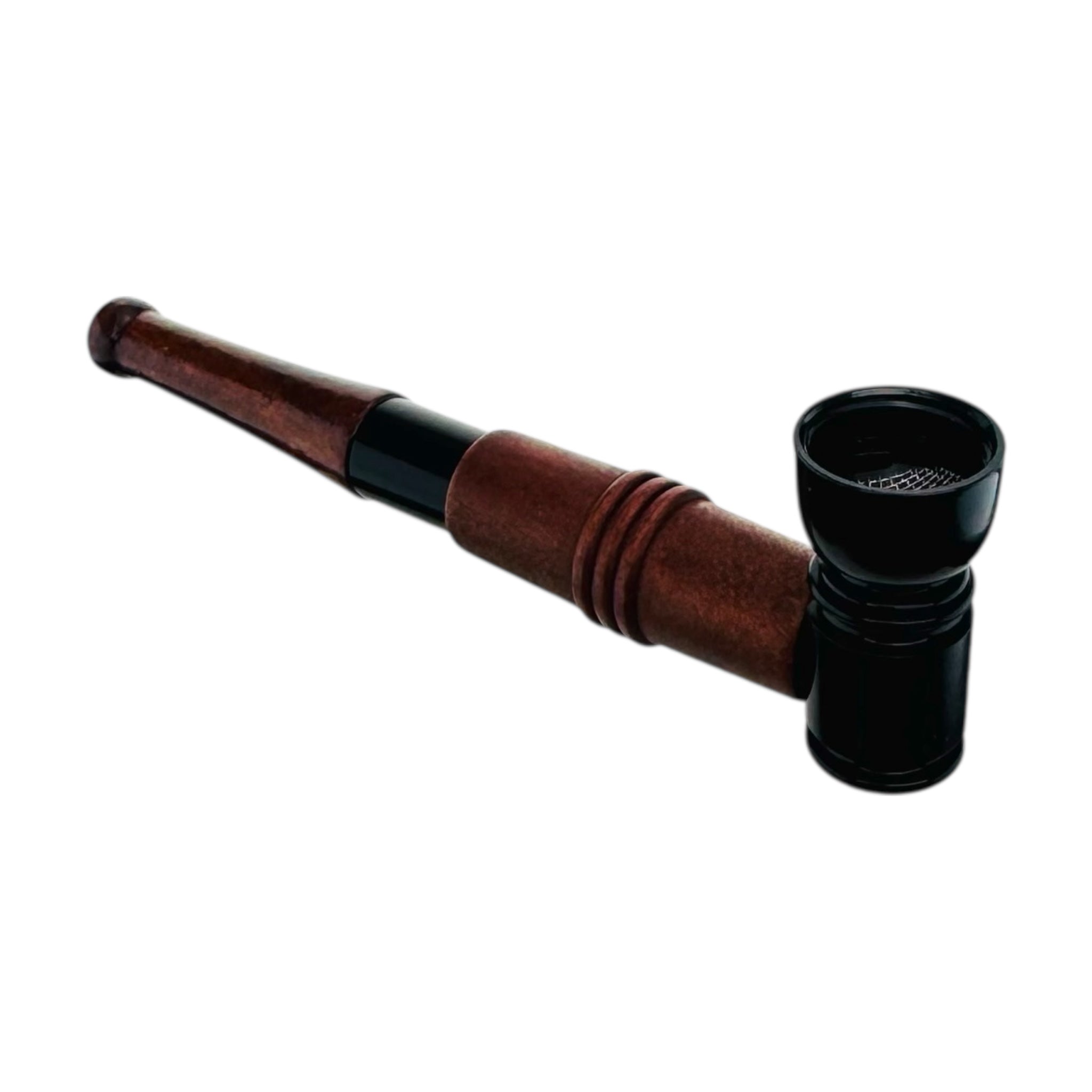 Wooden smoking pipe with black bowl on a white background