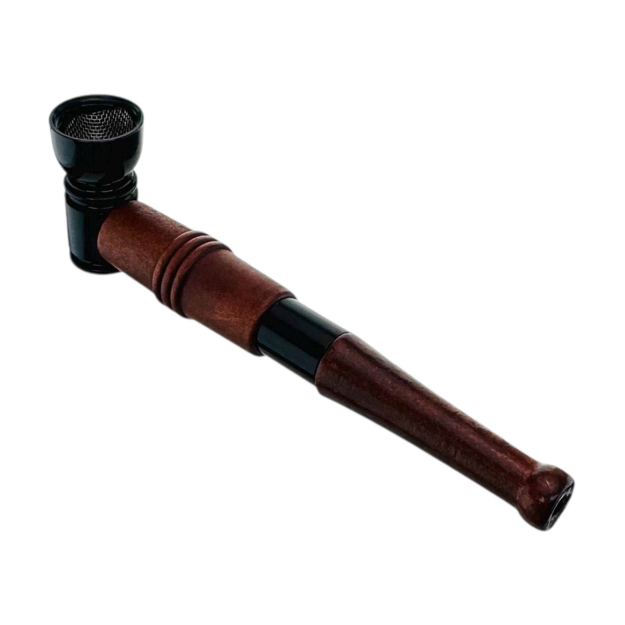 Brown wood and metal smoking pipe with black bowl on a white background