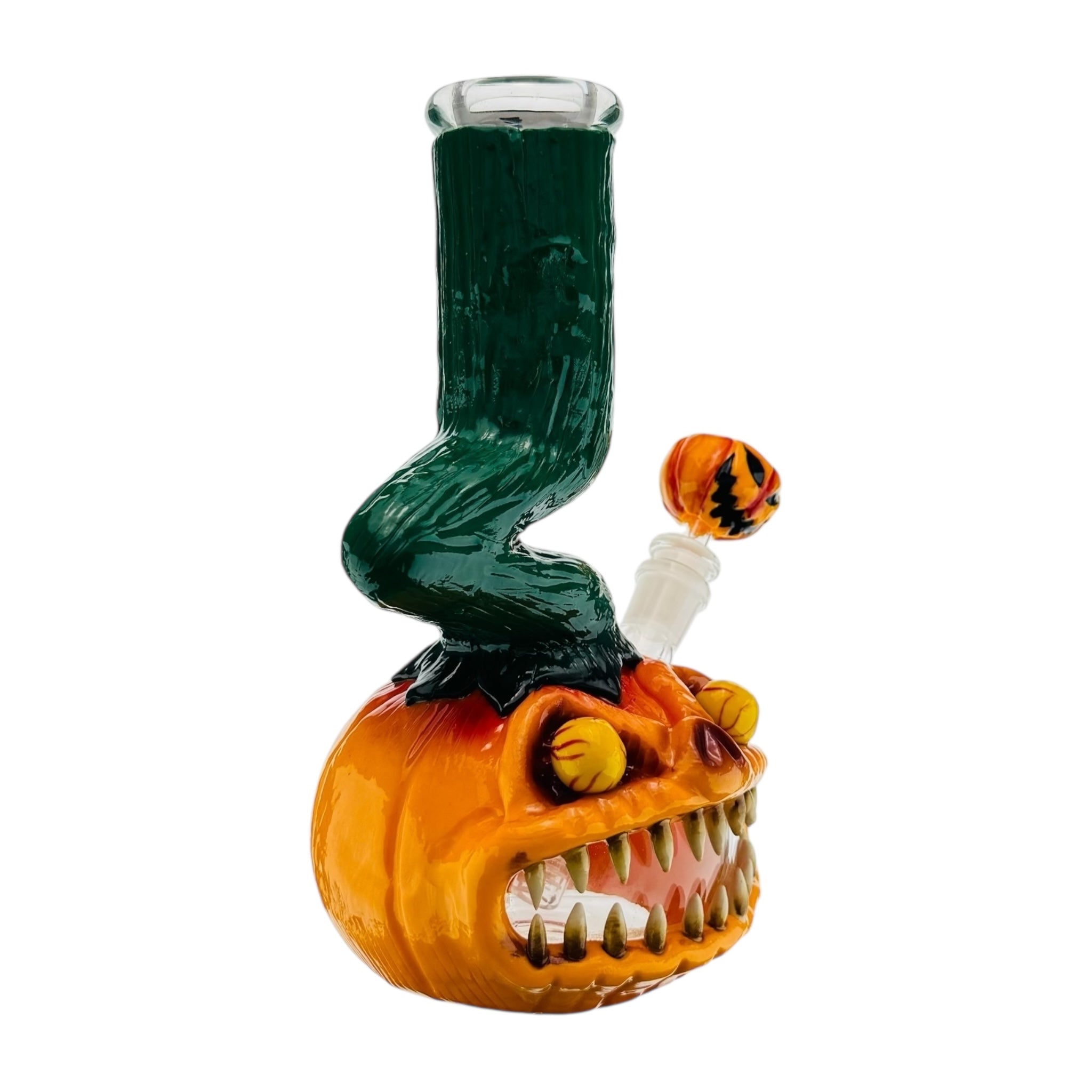 Glass smoking accessory shaped like a pumpkin with a snake on a white background