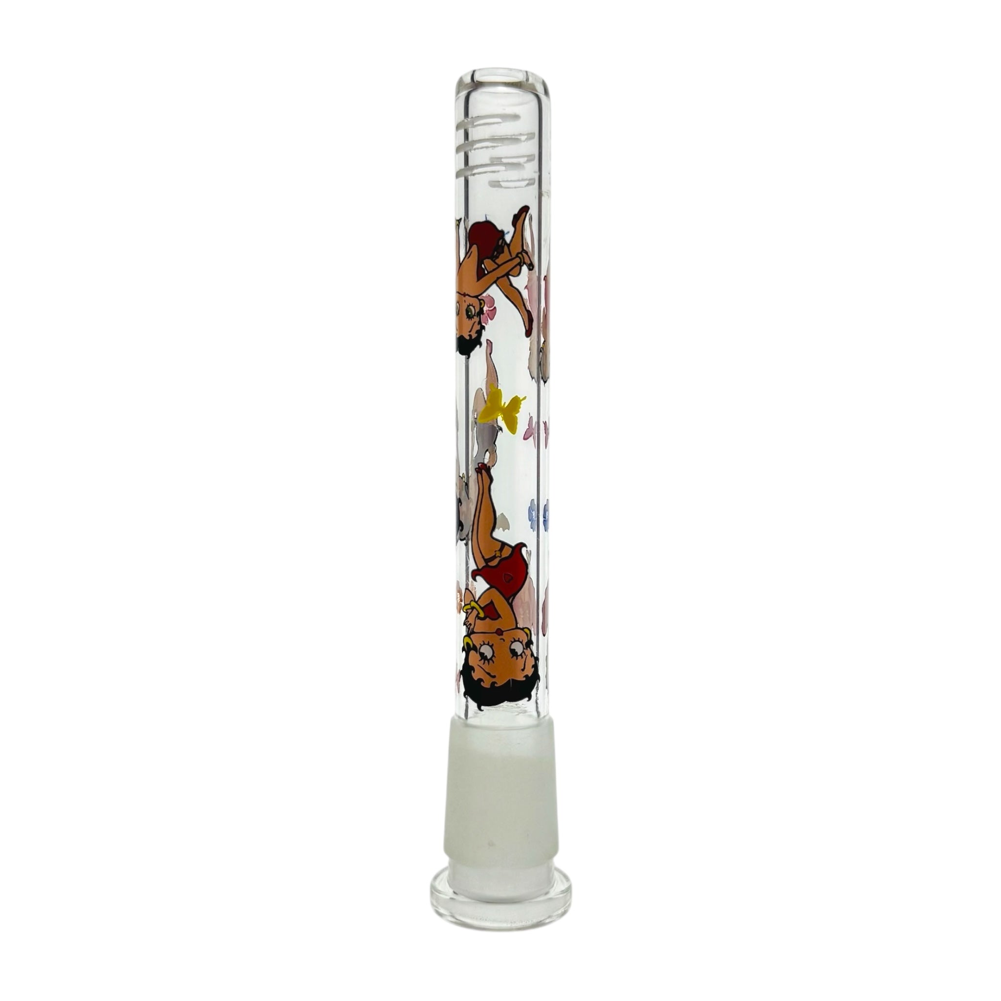 Glass smoking accessory with cartoon character betty boop design on a white background
