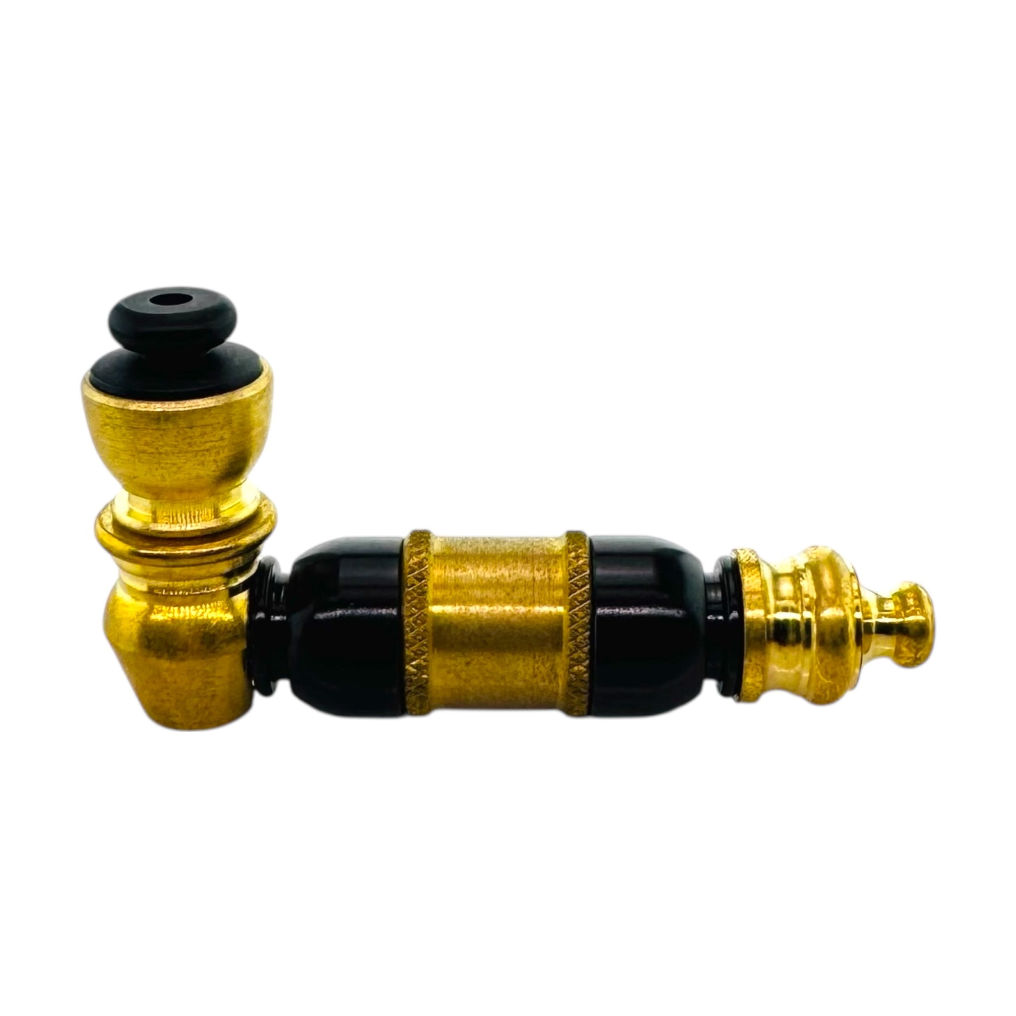 Gold and black aluminum metal smoking pipe on a white background