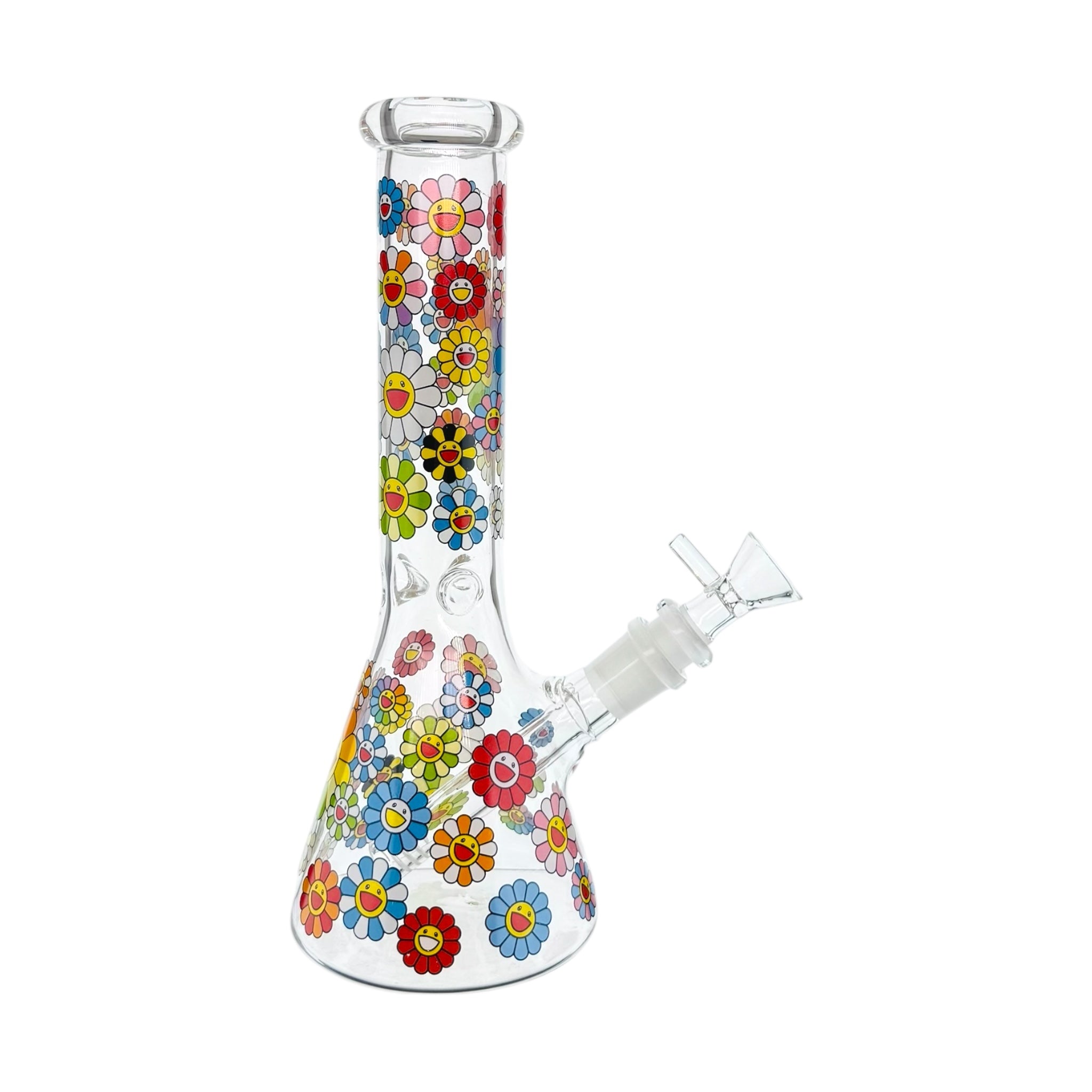 Clear Beaker Glass Bong With Happy Smiling Daisy Flowers 10 Inch