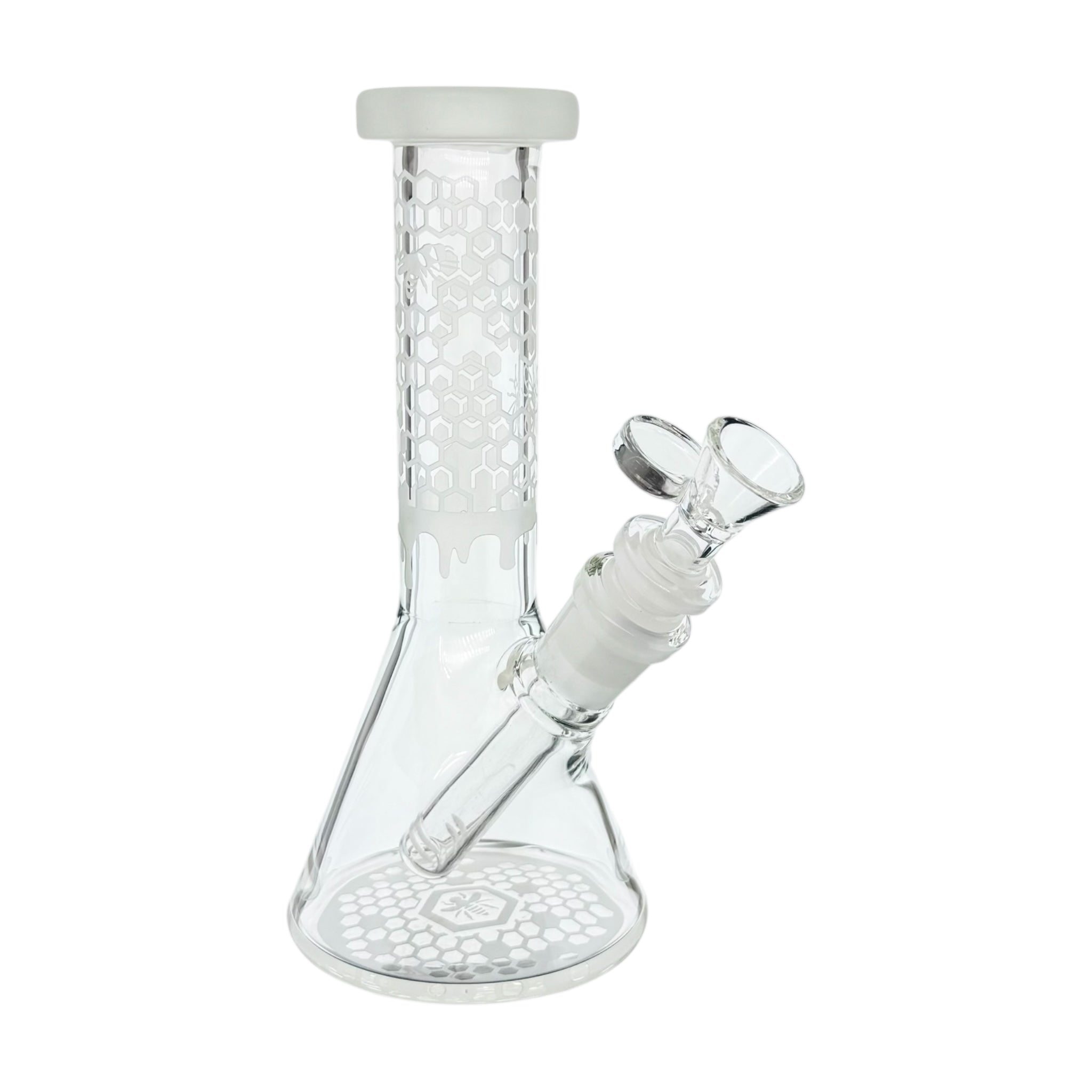 Sandblasted Beaker Base Glass Bong With Honeycomb And Bees 8 Inches tall