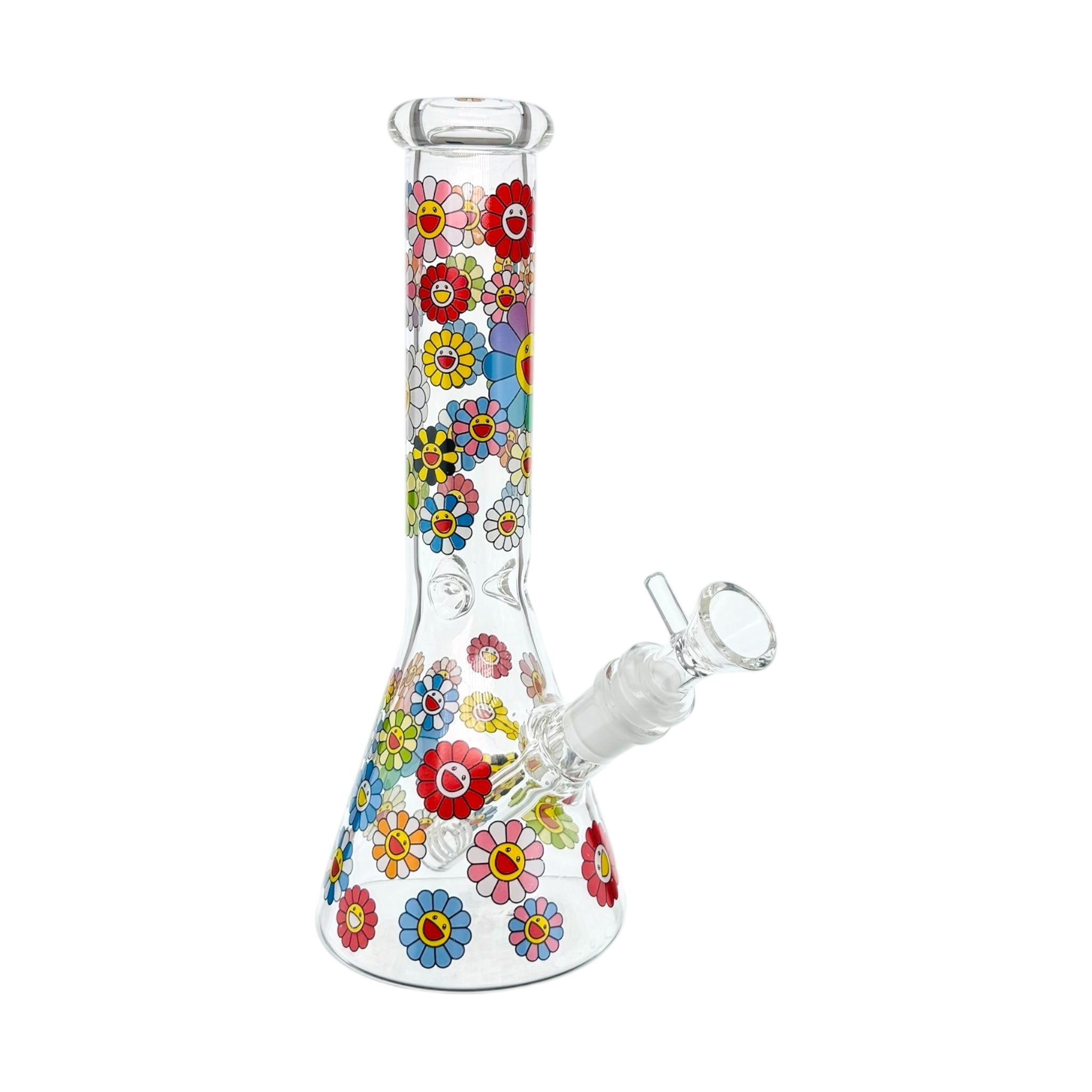 Clear Beaker Glass Bong With Happy Smiling Daisy Flowers 10 Inch tall