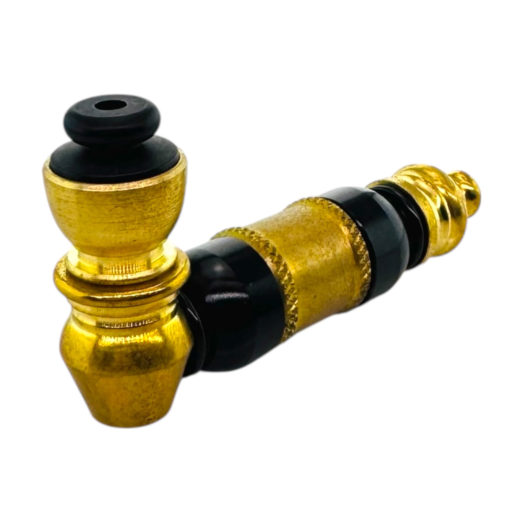 Gold and black aluminum smoking pipe on a white background