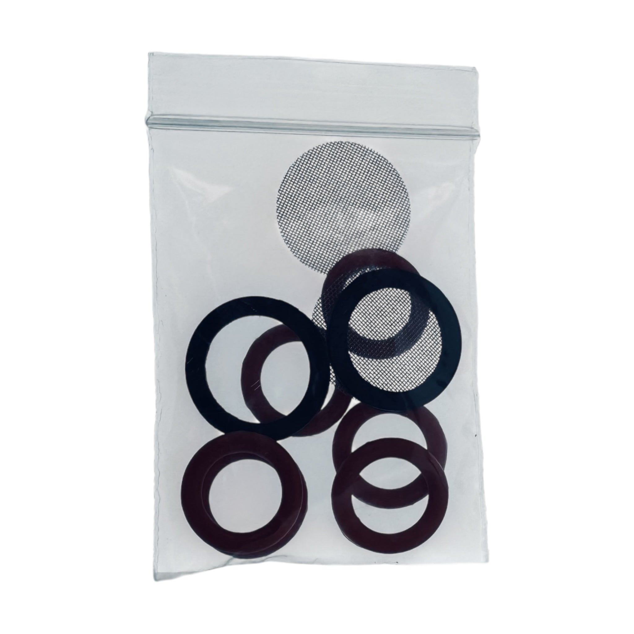 Set of black rubber o-rings and metal screen in a clear plastic bag on a white background
