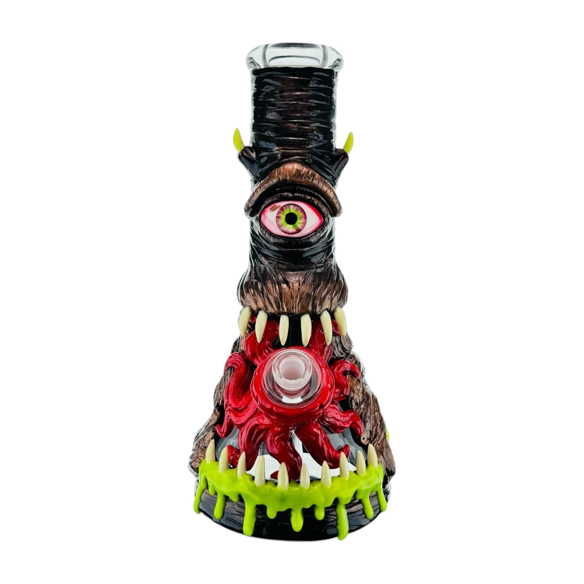 Decorative smoking water pipe with eye and claw design monster bong on a white background