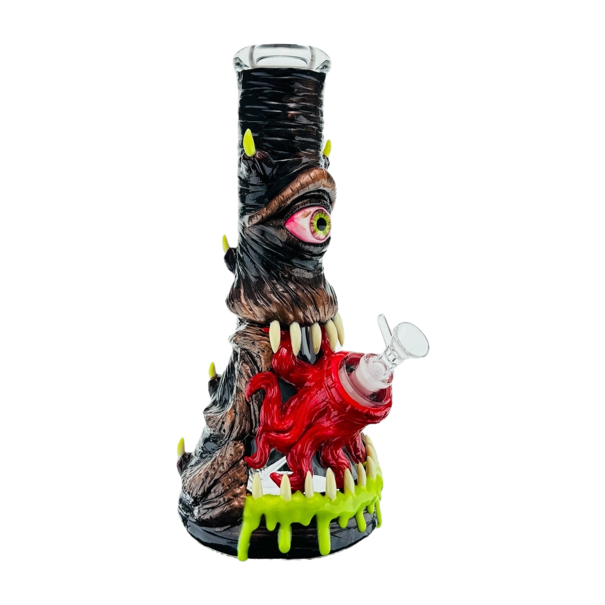 Monster-themed water pipe with detailed design on a white background