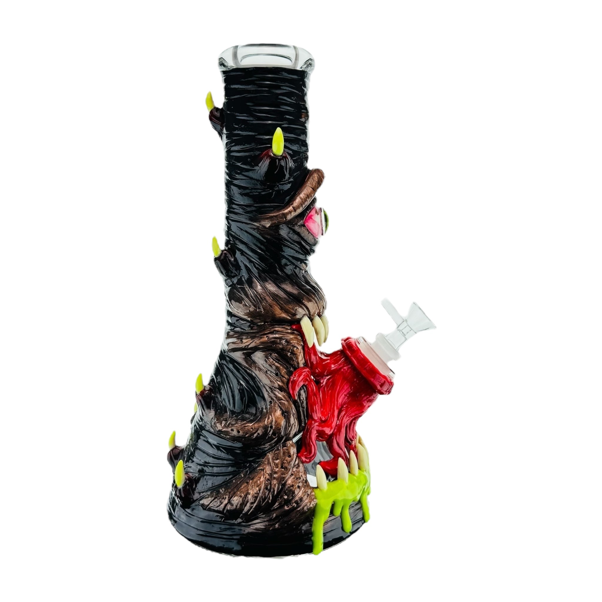Decorative smoking water pipe bong with black and brown design, red heart, and green accents on a white background