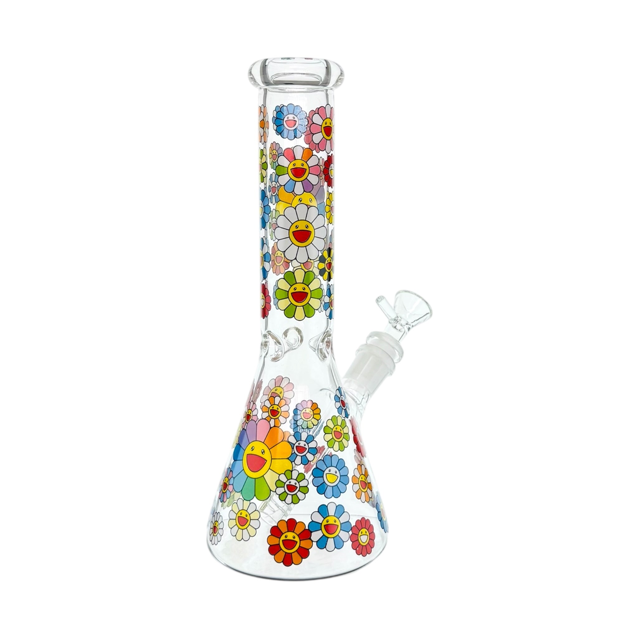 Clear Beaker Glass Bong With Happy Smiling Daisy Flowers 10 Inch