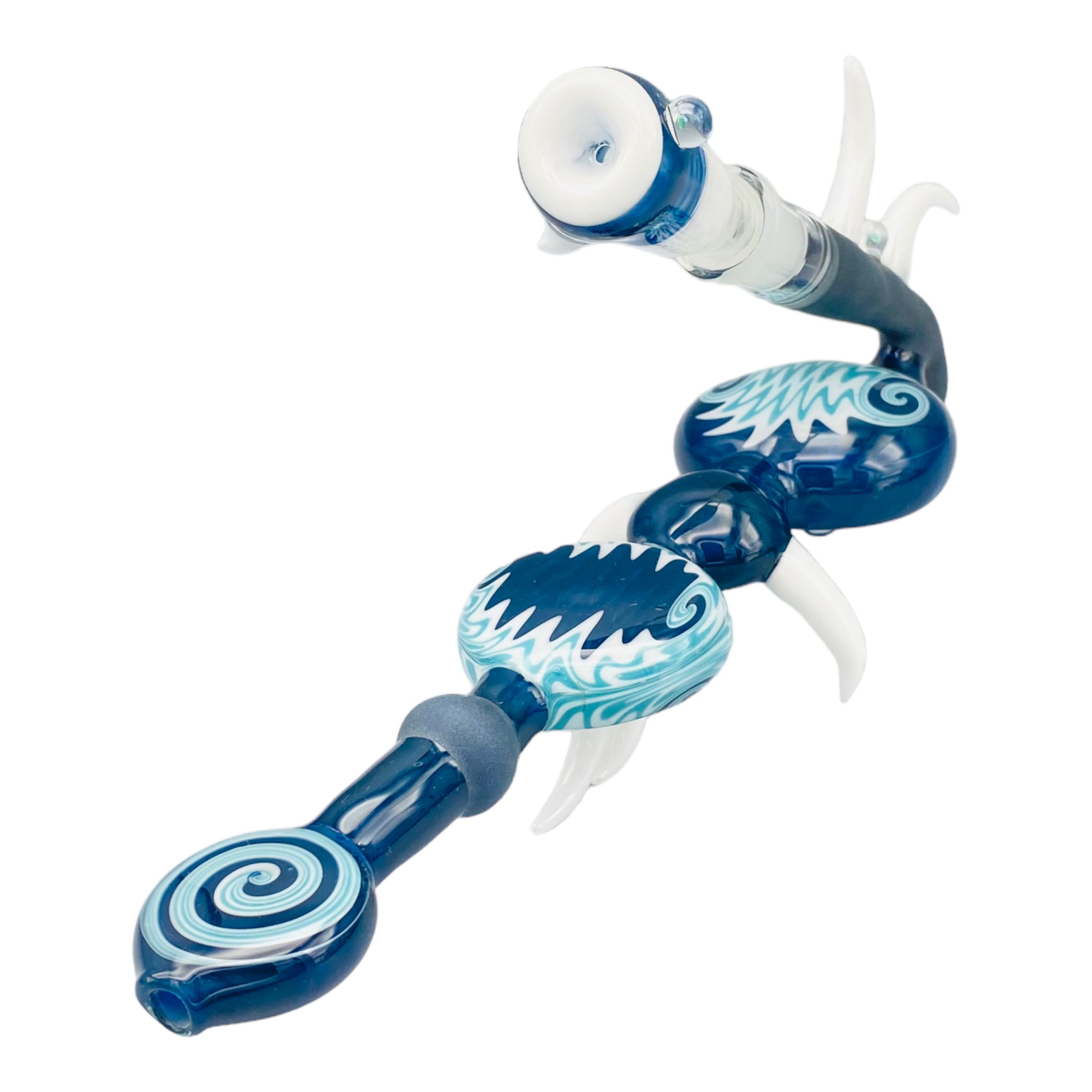 Large Blue Wig Wag Pull Bowl Custom Glass Dry Hand Pipe With Large Horns And Opals