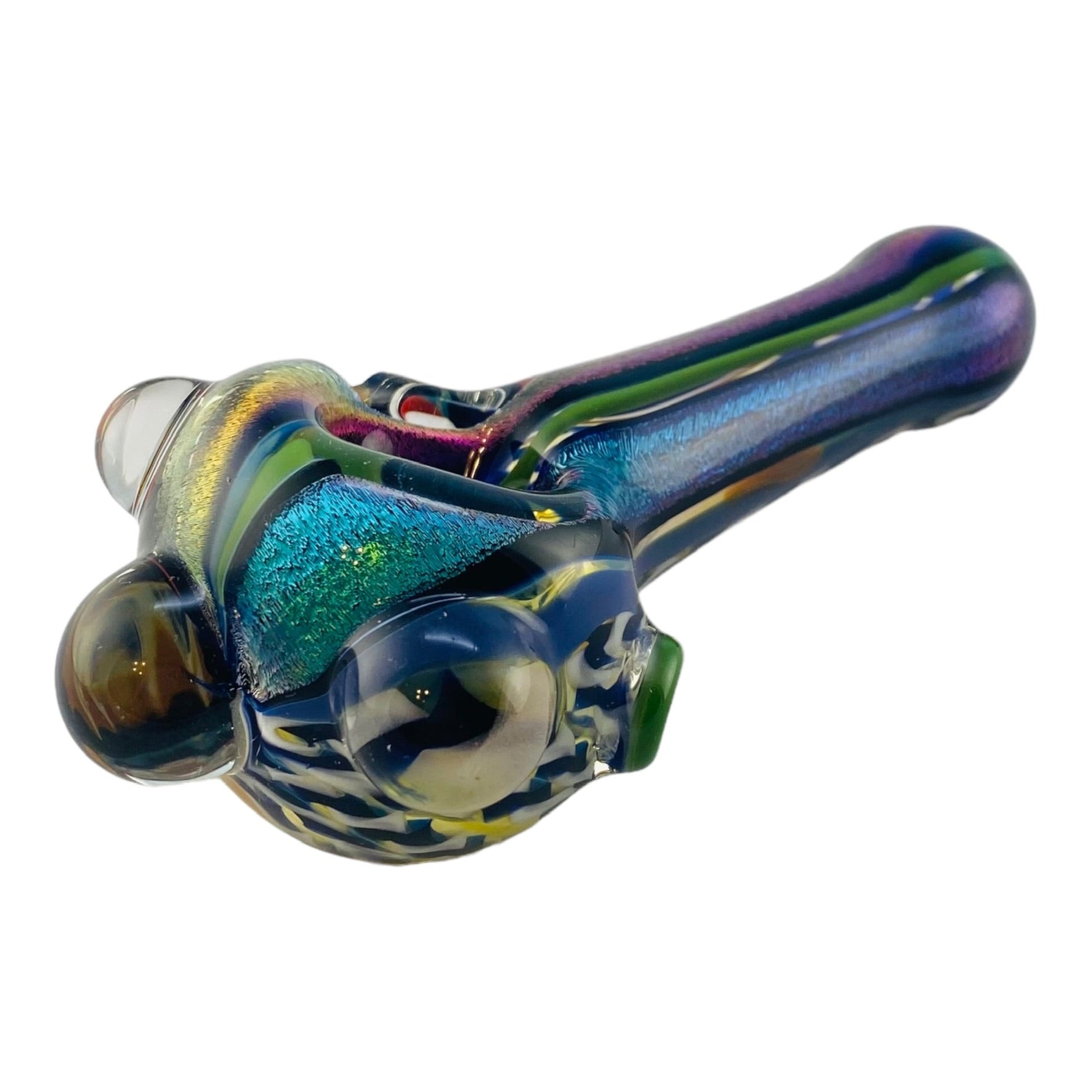 Glass Hand Pipe Inside Out Blue & Purple Dichro Strip With Attacked Marbles