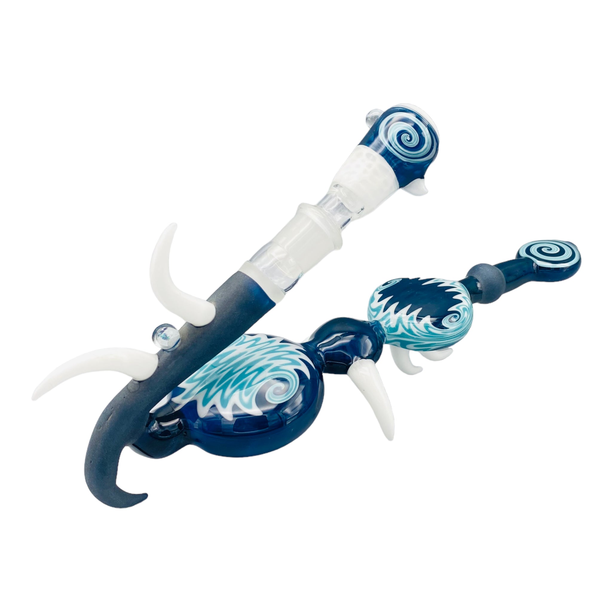 Large Blue Wig Wag Pull Bowl Custom Glass Dry Hand Pipe With Large Horns And Opals