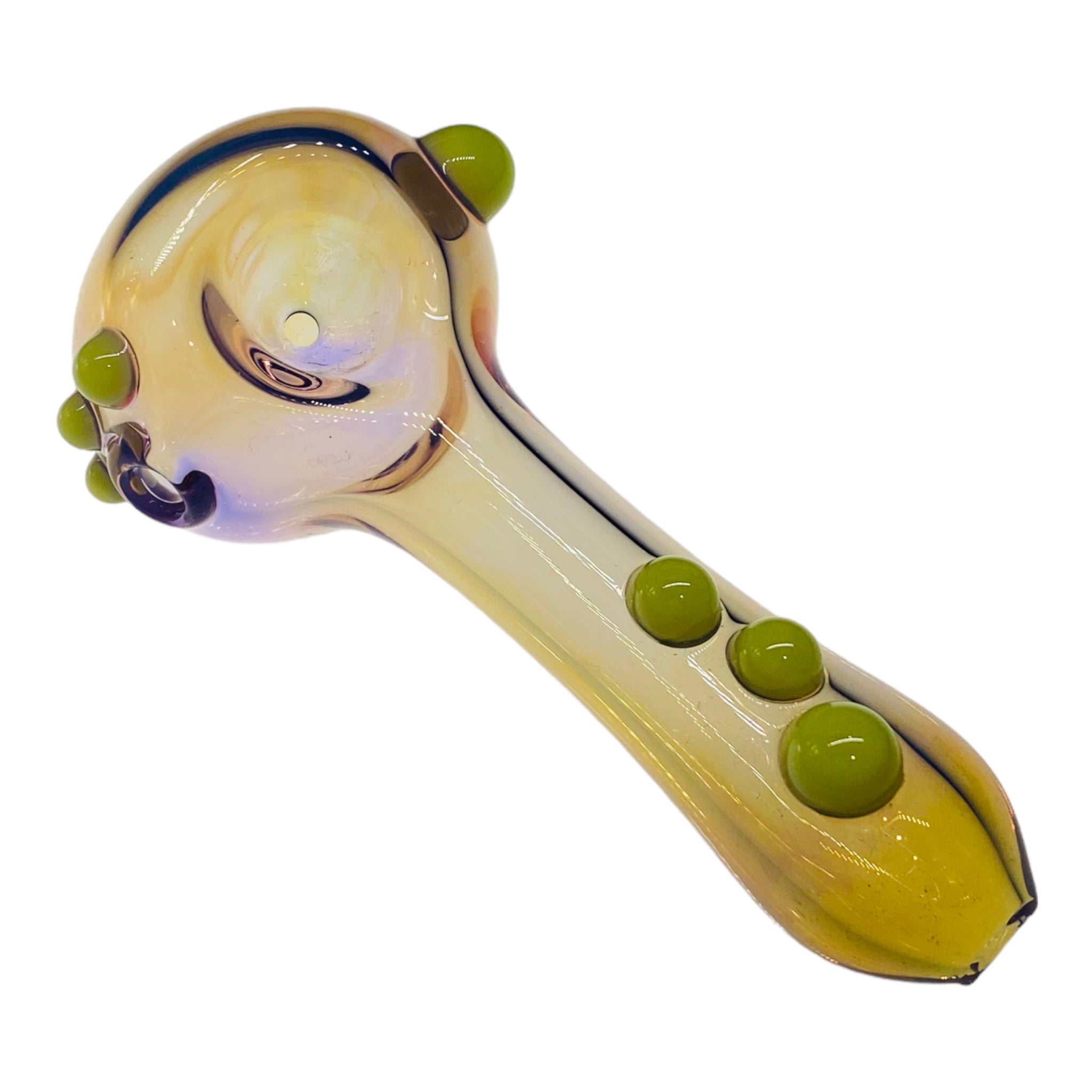 Yellow Fume Over Translucent Purple With Slime Green Dot Accents Glass Hand Pipe