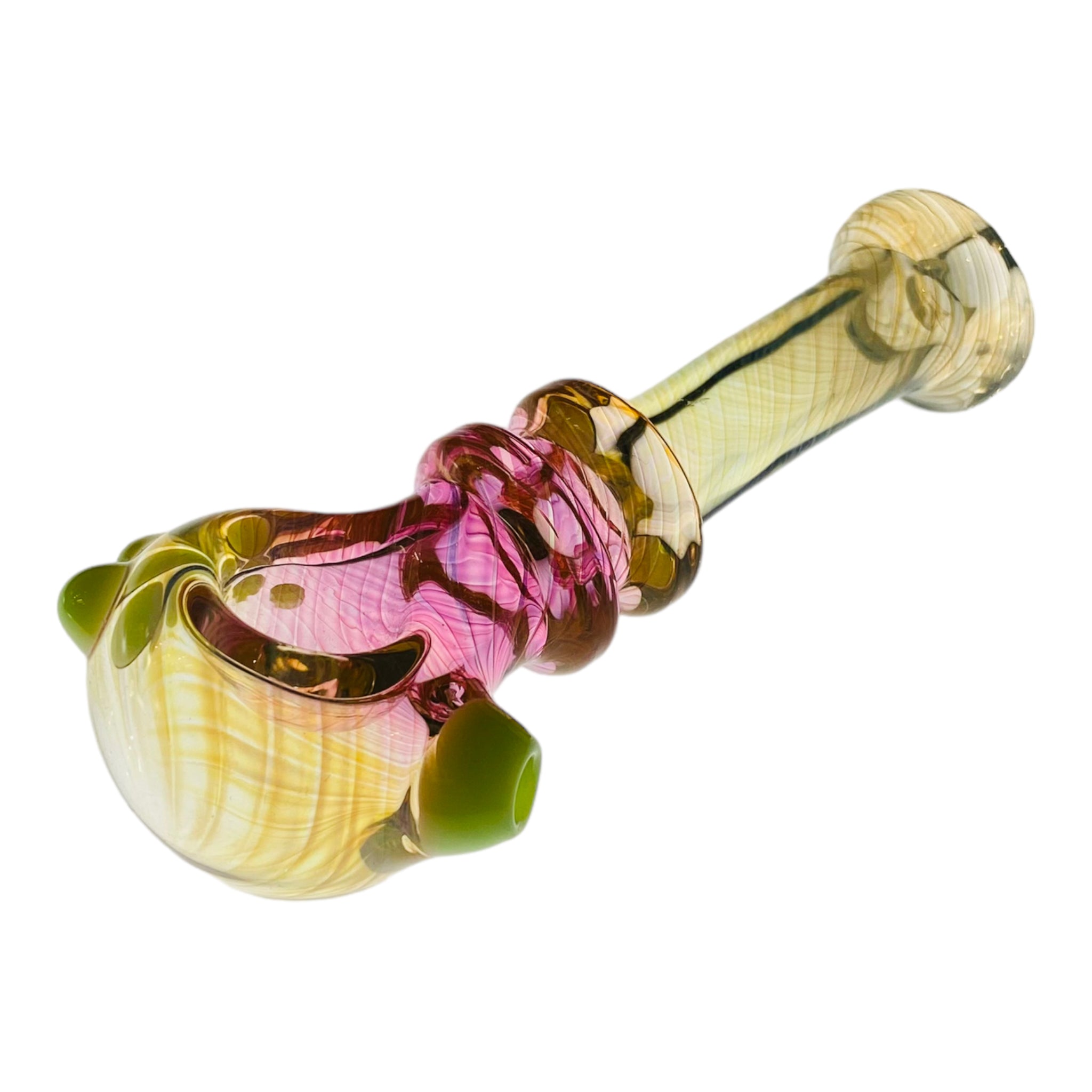 Pink And Yellow Inside Out Glass Hand Pipe With Green Carb