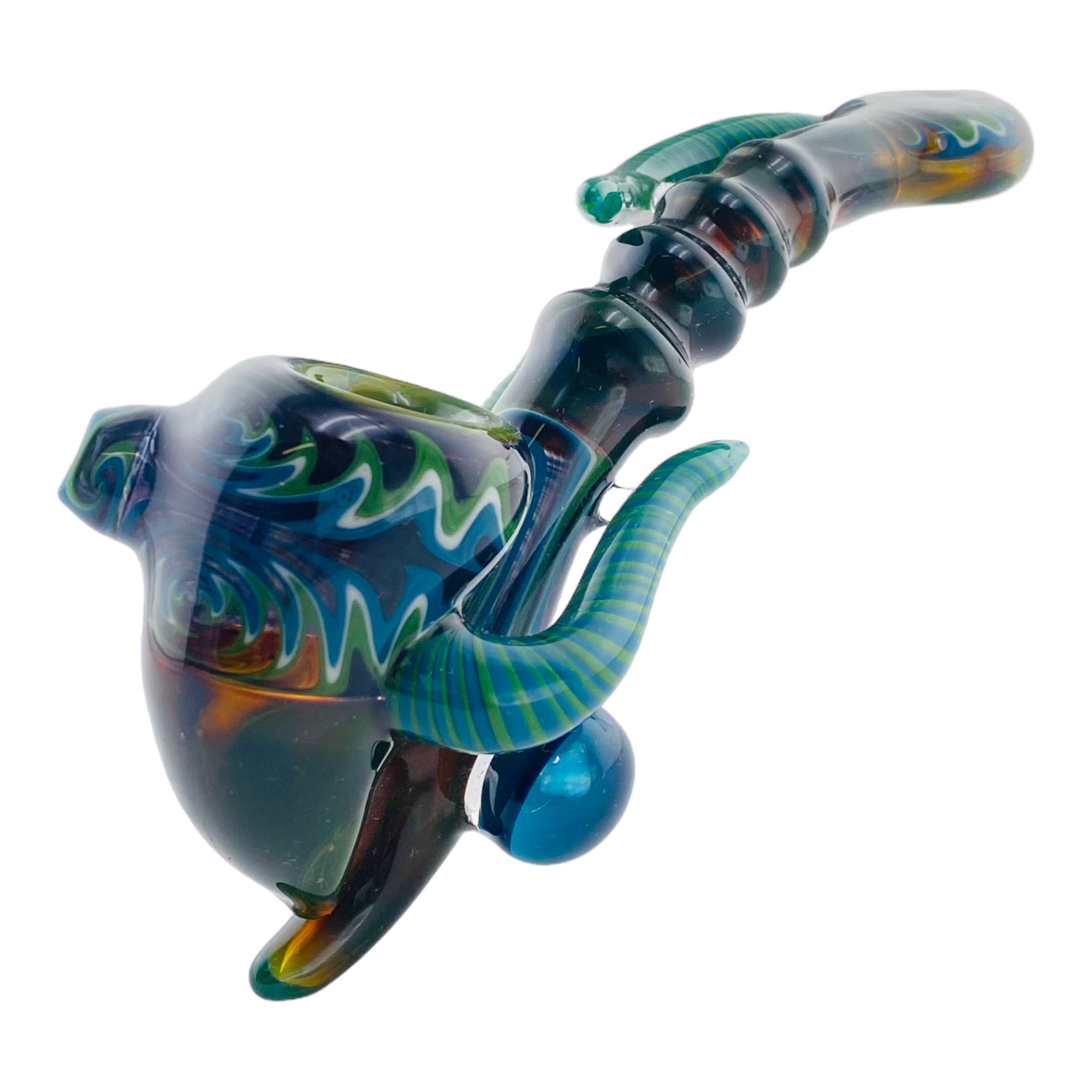 Blue And Green Wig Wag With Alientech And Opal Marble Glass Sherlock Hand Pipe