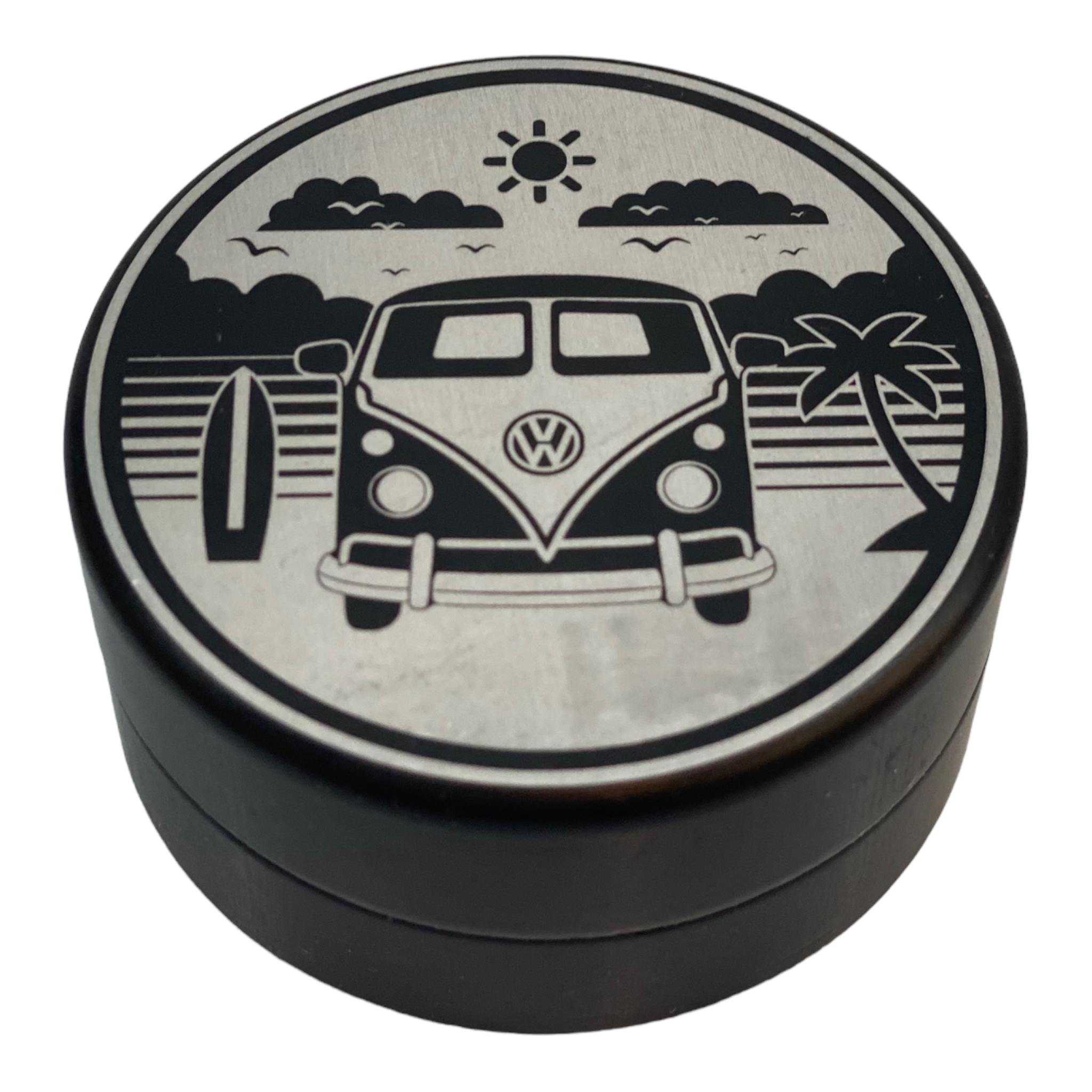 Tahoe Grinders - Black Anodized Aluminum Large Two Piece Herb Grinder With VW Bus On Beach