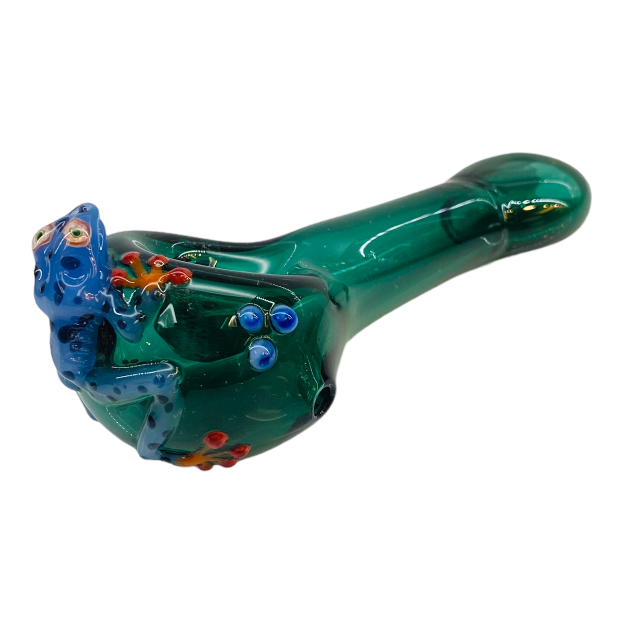 Green Glass Hand Pipe With Blue Dart Frog On End