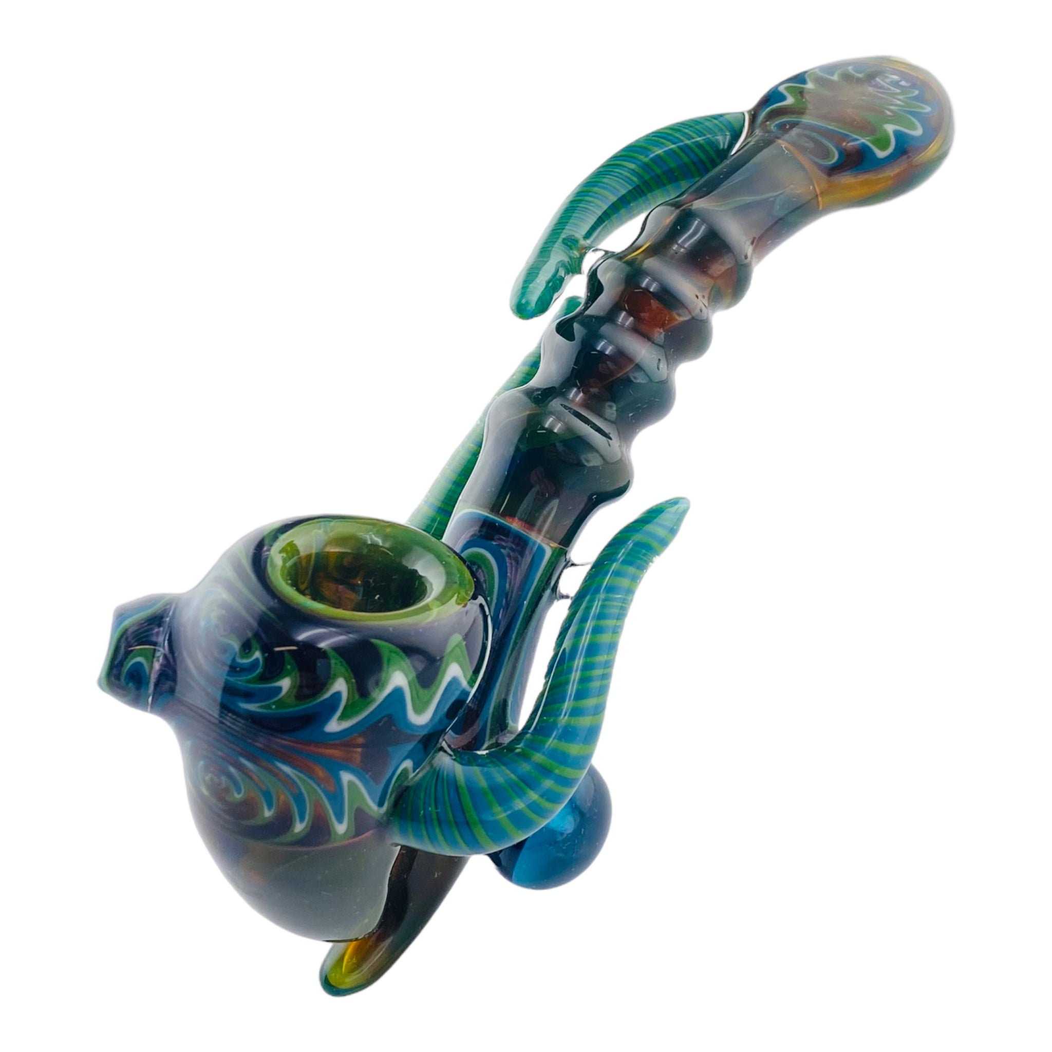 Blue And Green Wig Wag With Alientech And Opal Marble Glass Sherlock Hand Pipe