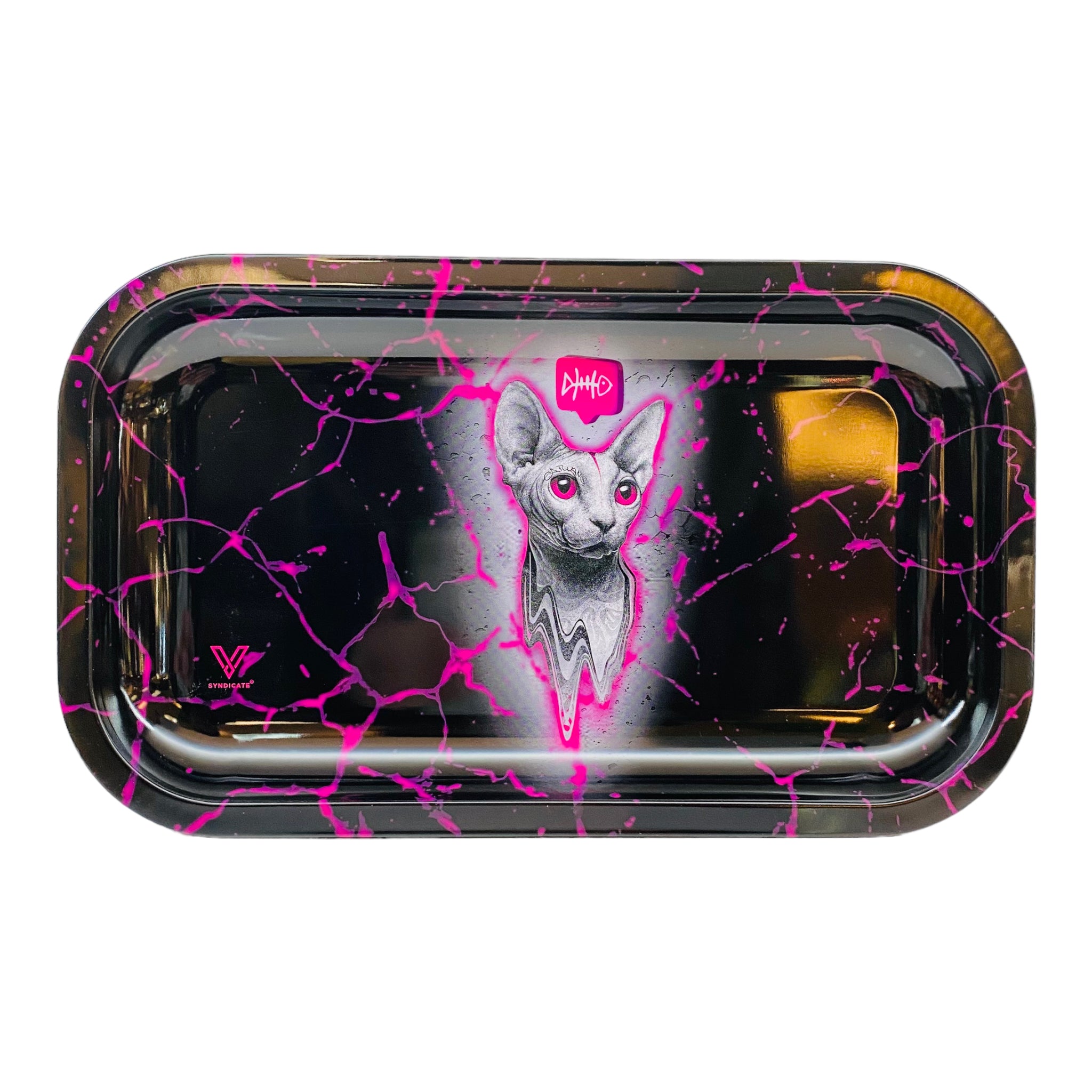 V Syndicate Metal Rolling Tray Medium Sphynx Cat With Pink Spattler